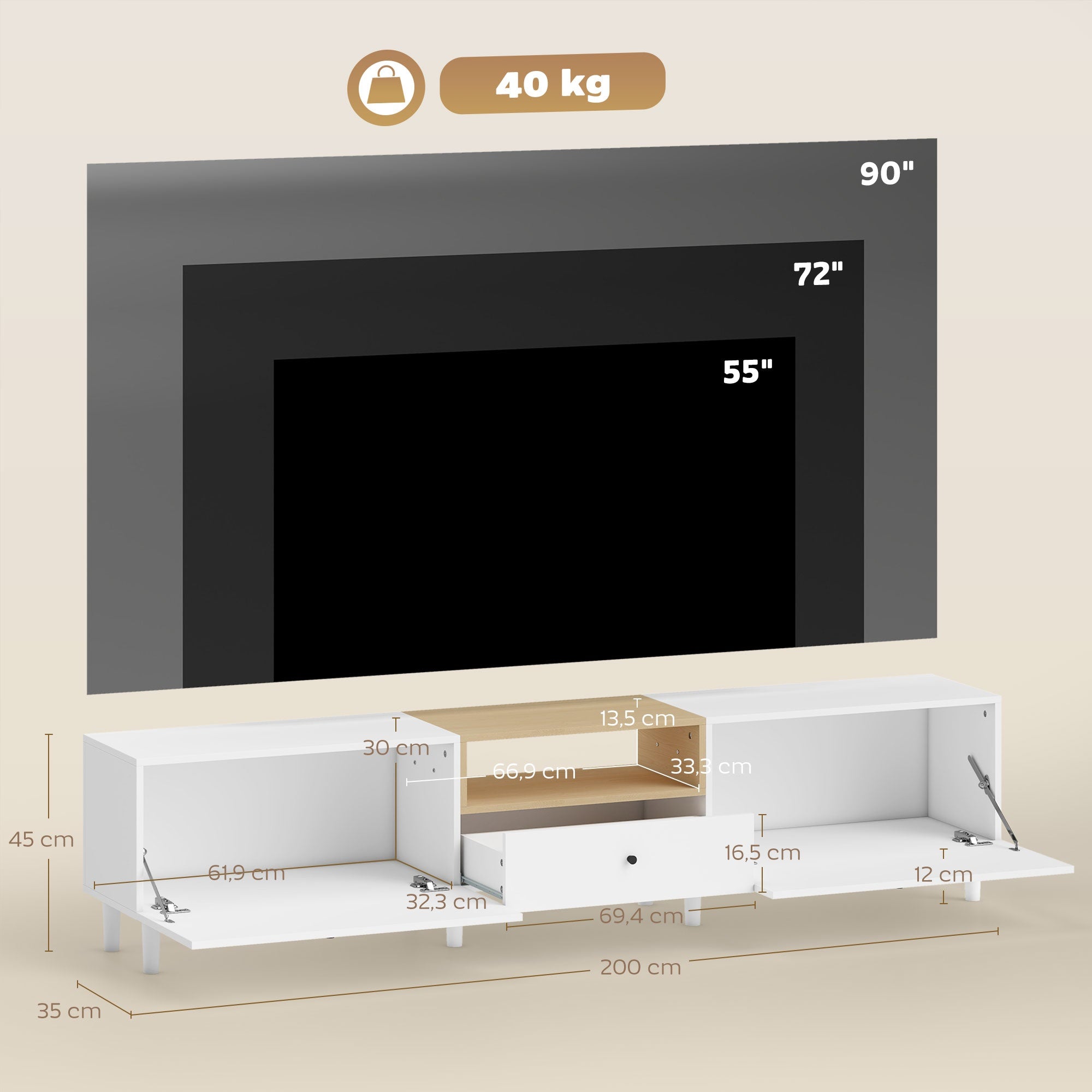 200 cm TV-stativ för 90-tums TV, 2 dörrar, låda, vit