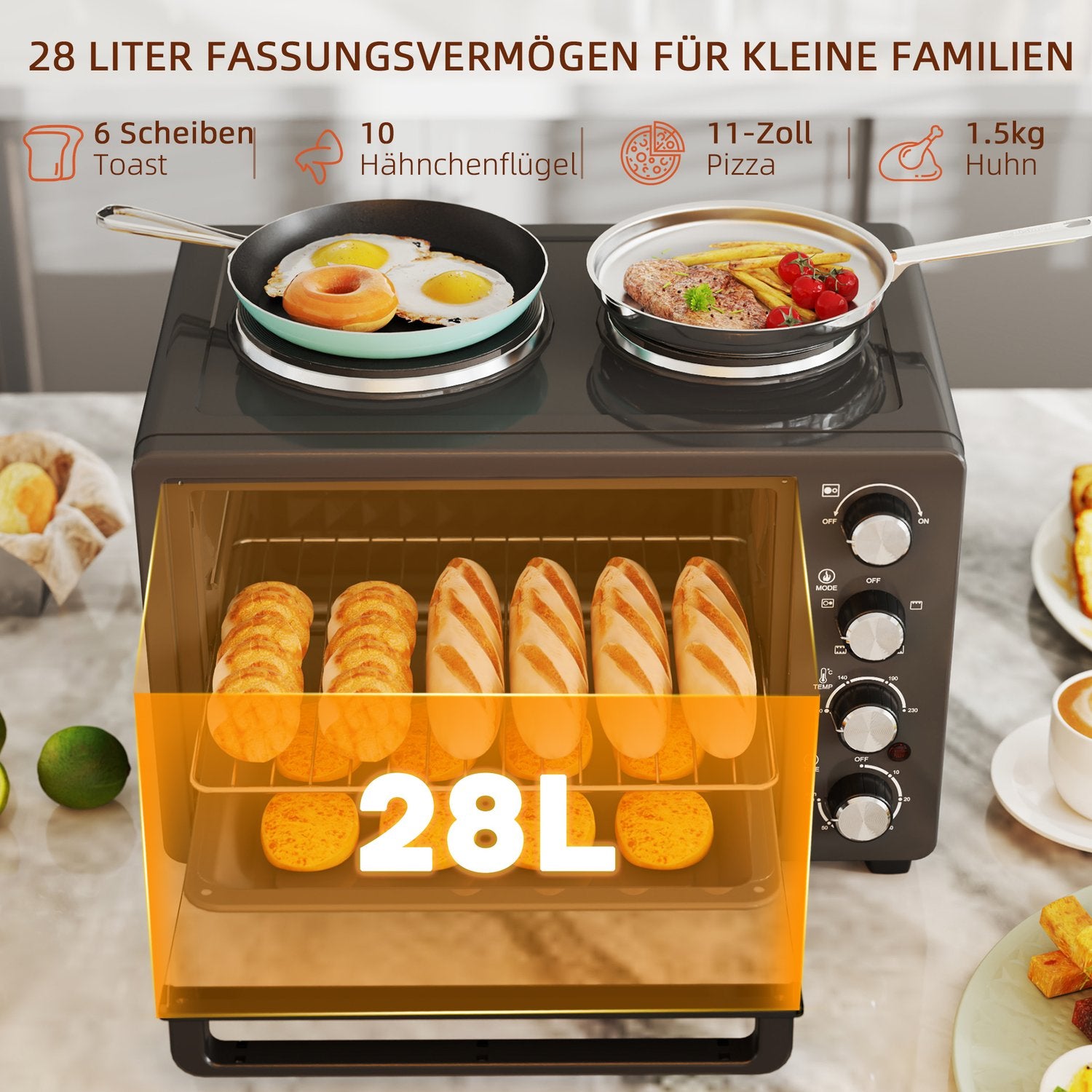 28L miniugn, 2600W, 60-min timer, dubbla värmeplattor