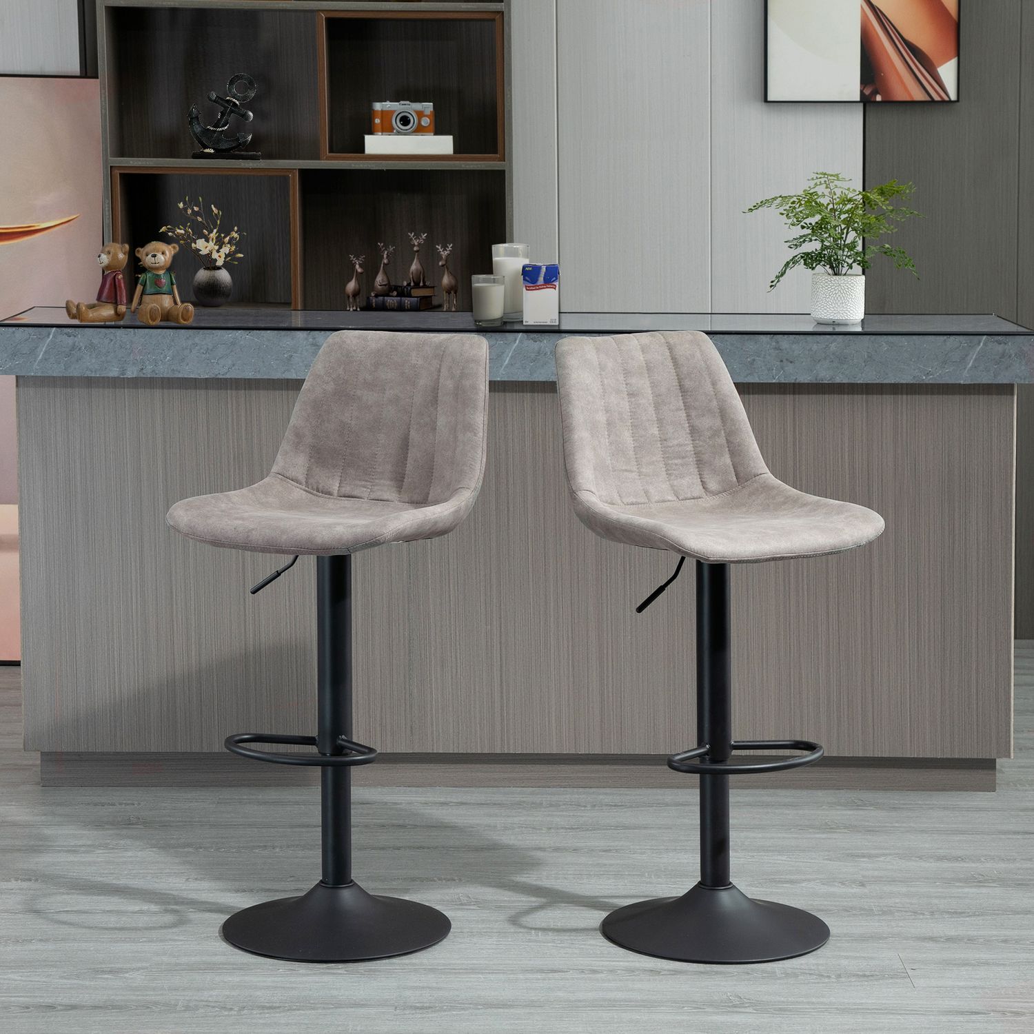 2-delade retro barstolar, grå mikrofiber, justerbar höjd