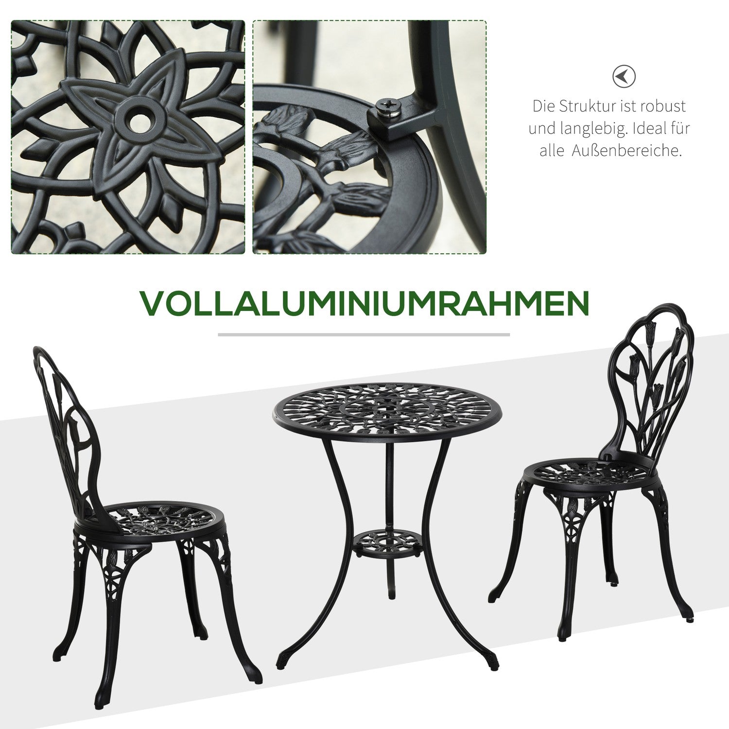 2-delat uteserveringsset, aluminiumbord och stolar, svart