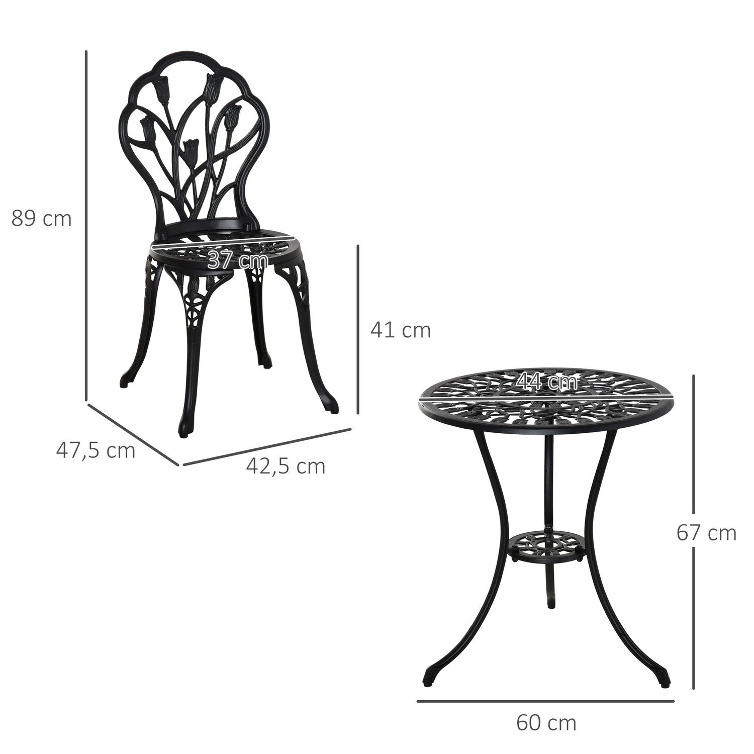 2-delat uteserveringsset, aluminiumbord och stolar, svart