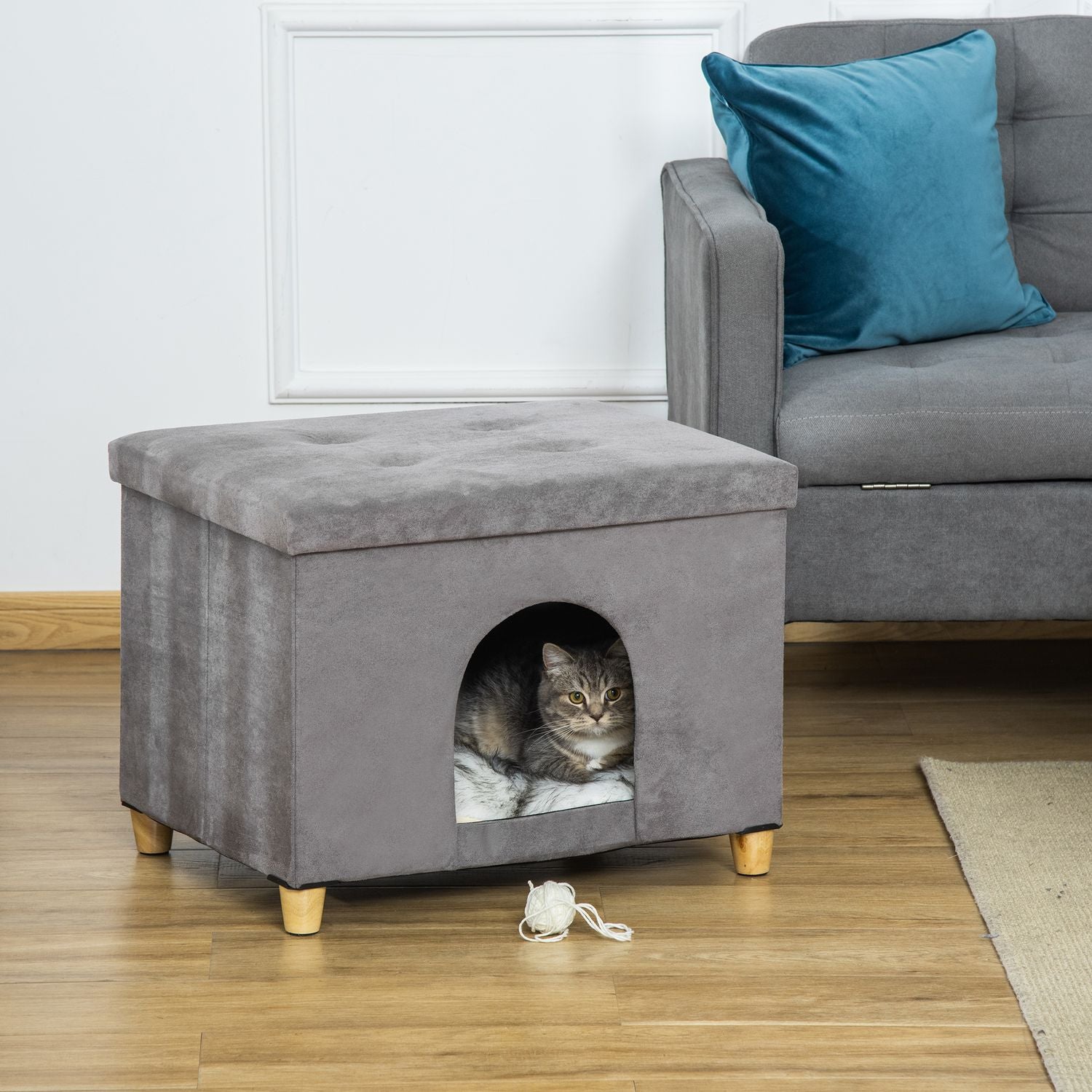 2-i-1 Cat Cave Fotpall med kudde, träben, grå