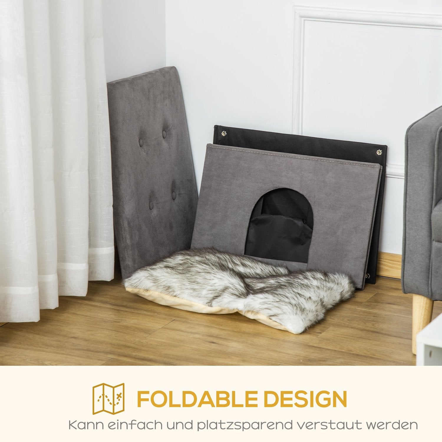 2-i-1 Cat Cave Fotpall med kudde, träben, grå