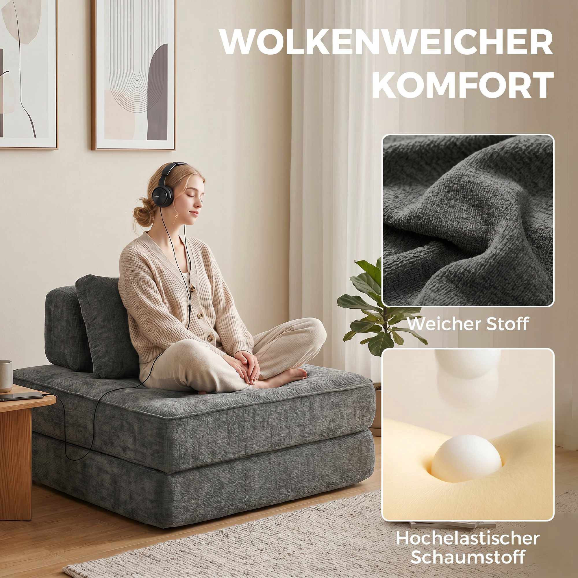 2-i-1 Konvertibel Chenille-golvfåtölj till enkelsäng, grå