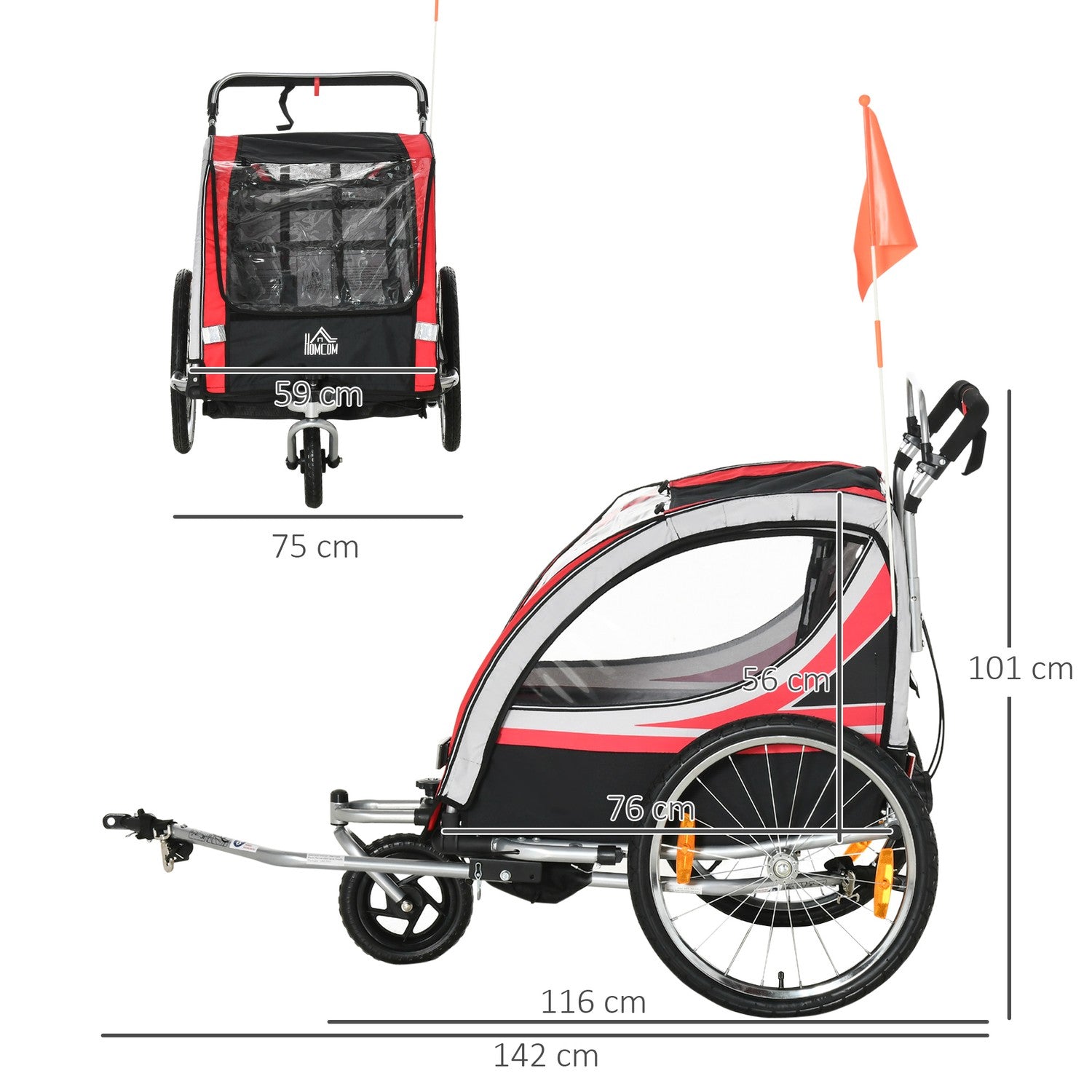 2-i-1 barncykelvagn med fjädring och broms, röd/svart