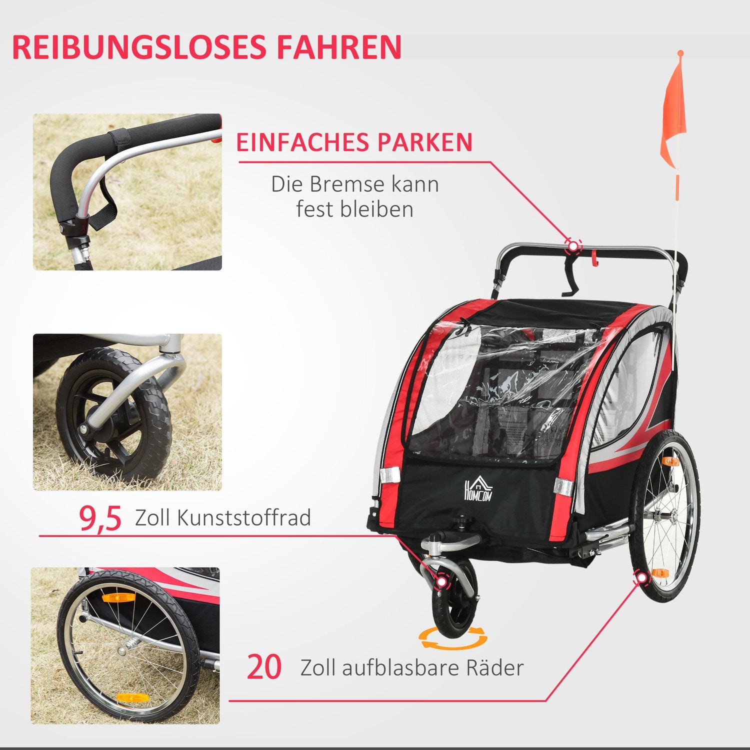2-i-1 barncykelvagn med fjädring och broms, röd/svart