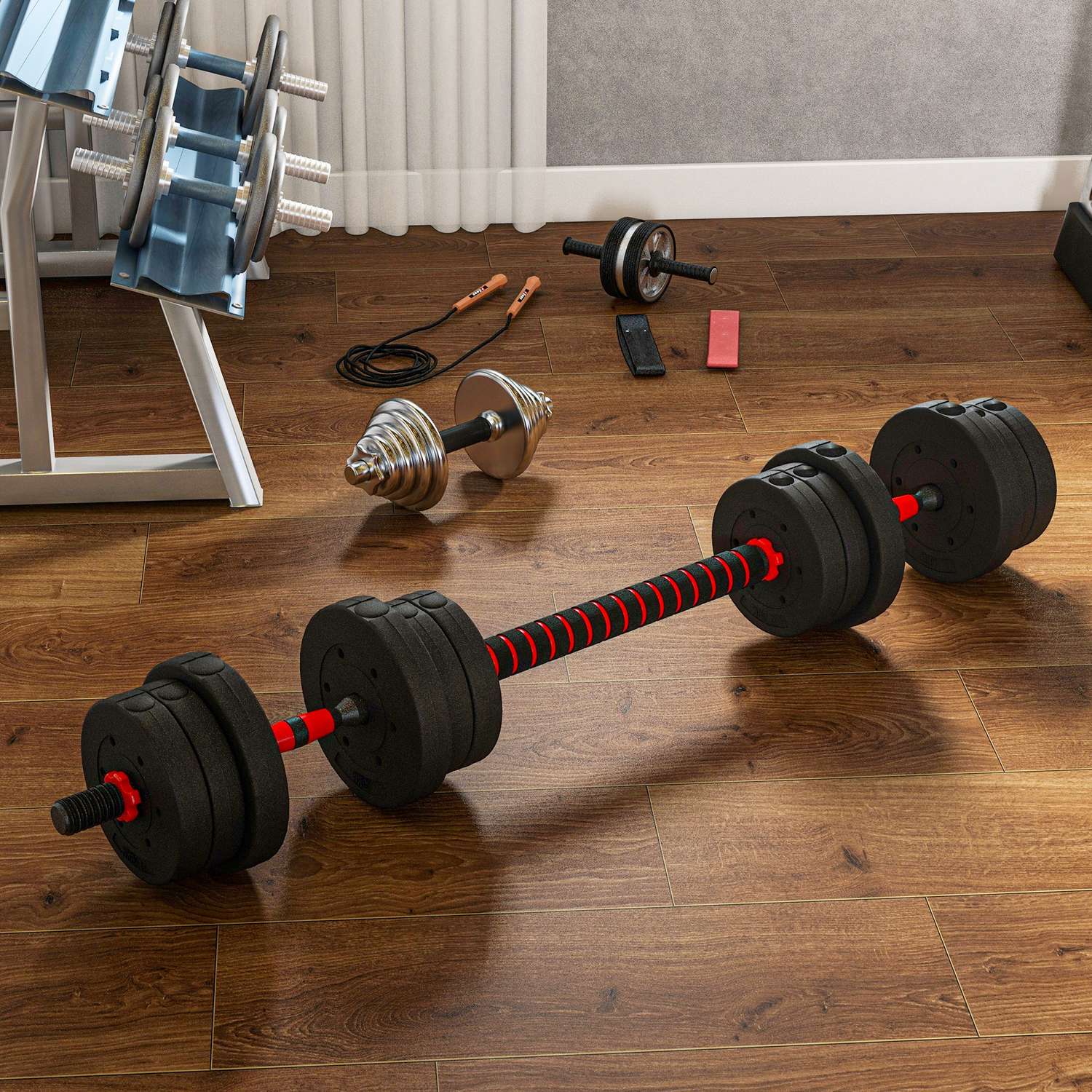 2 i 1 hantelset 20 kg justerbar hantel & skivstång professionell styrketräning för hantel svart