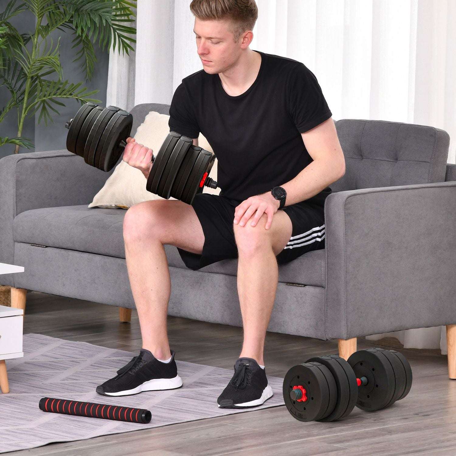 2 i 1 hantelset 30 kg justerbar hantel & skivstång professionell styrketräning för hantel svart