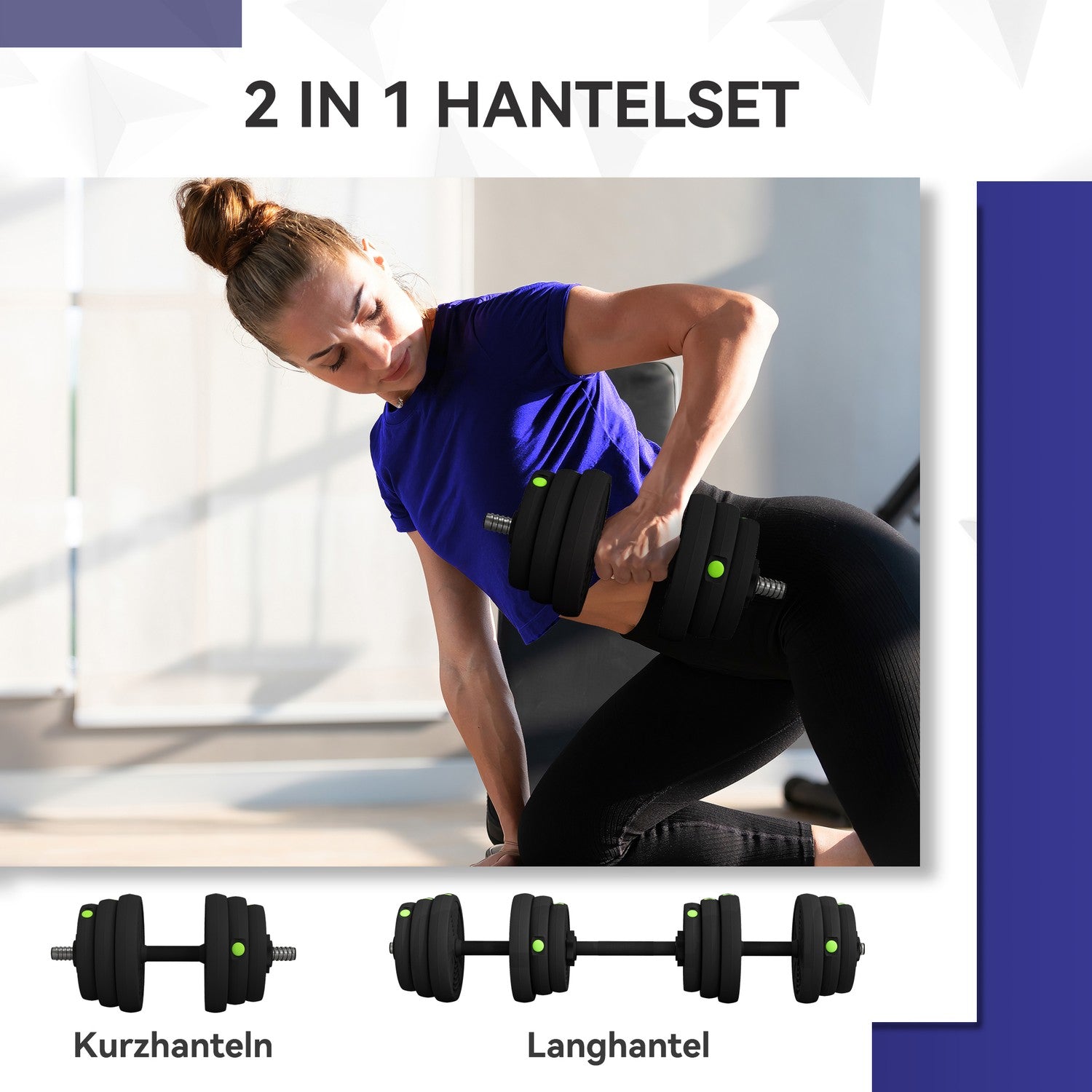 2-i-1 hantelset, justerbar 25 kg, halkfri, svart/grön