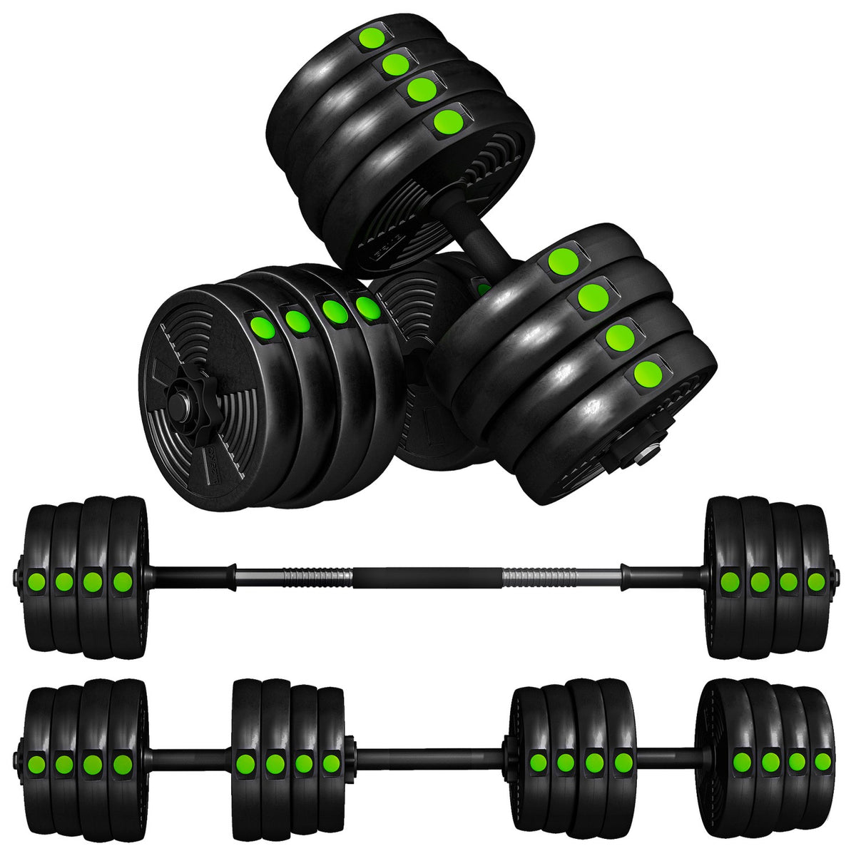 2-i-1 hantelset, justerbar 30 kg, halkfri, svart/grön