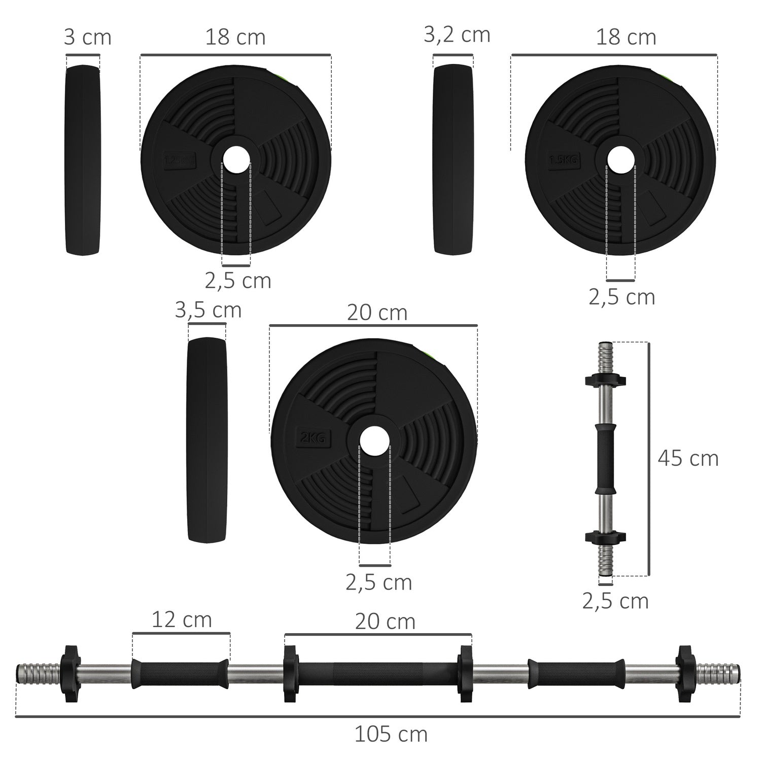 2-i-1 hantelset, skivstång och hantel, 20 kg, halkfri