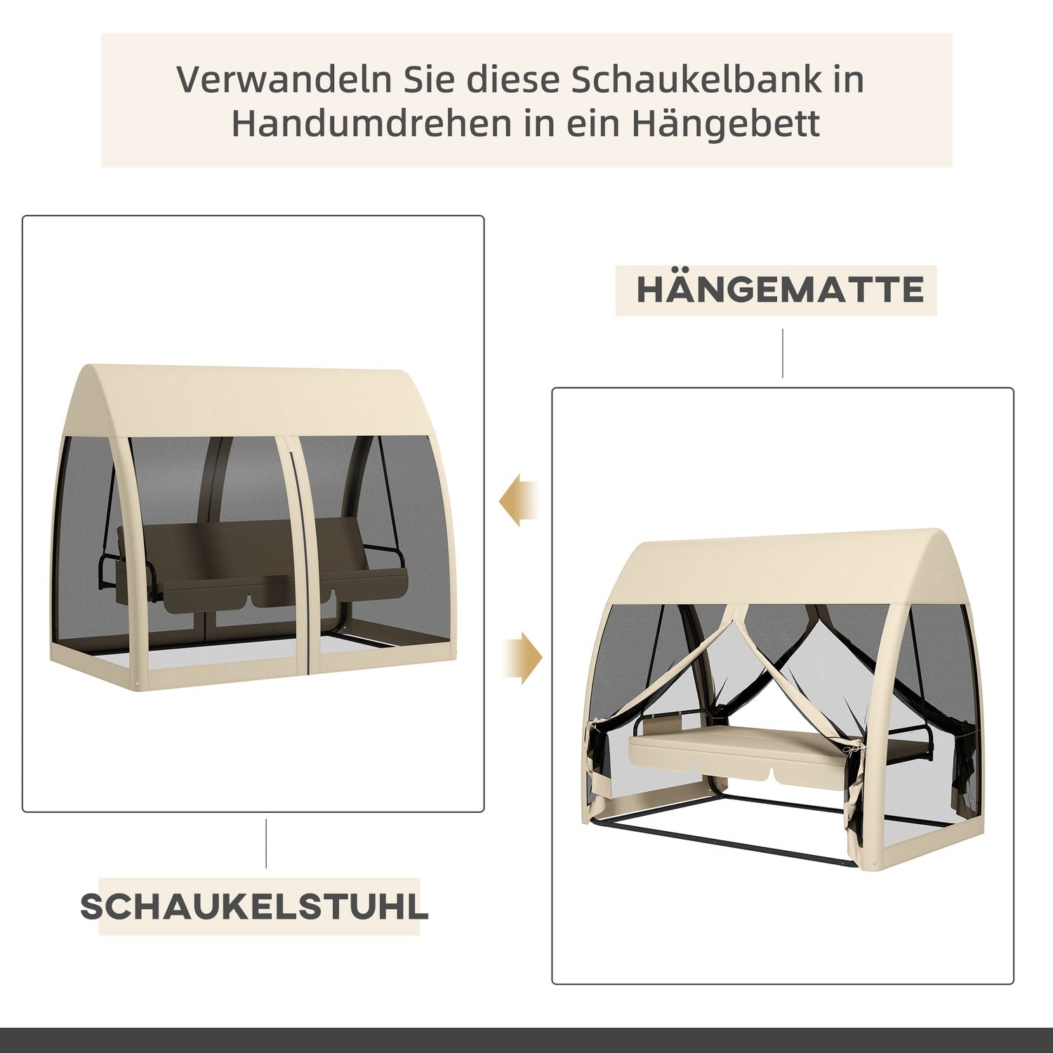 2-i-1 liggande trädgårdsgunga med kapell och myggnät