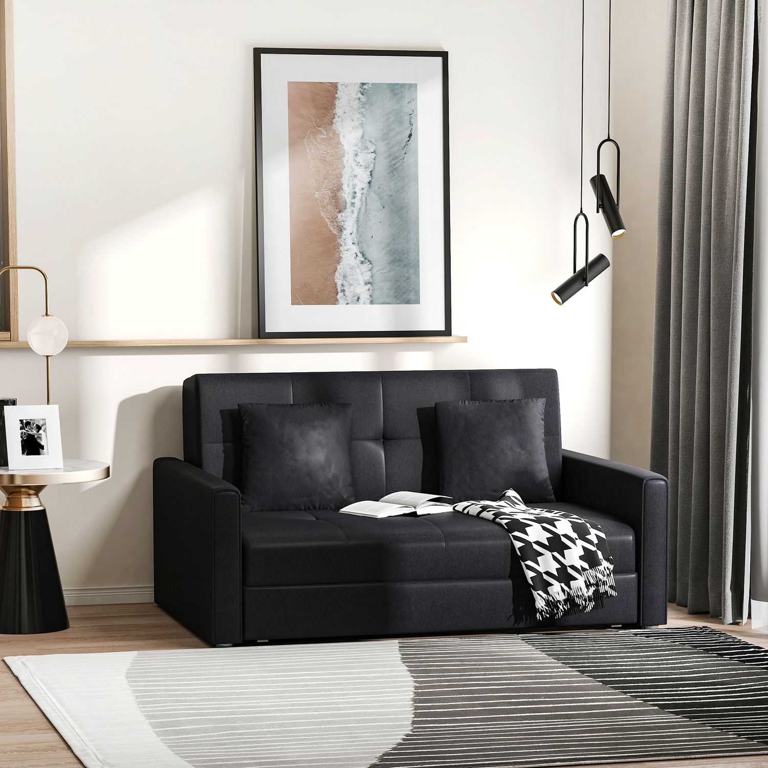 2-sits bäddsoffa med förvarings- och polybomullskuddar, grå