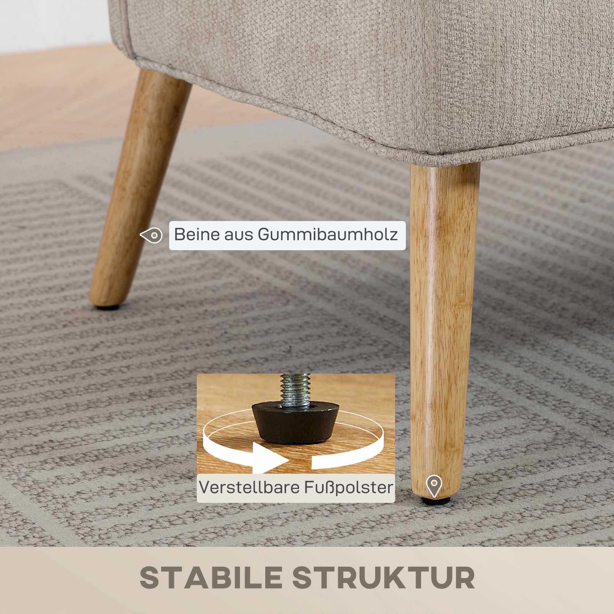 2-sits chenillesoffa, vingrygg, ben i gummiträ, beige