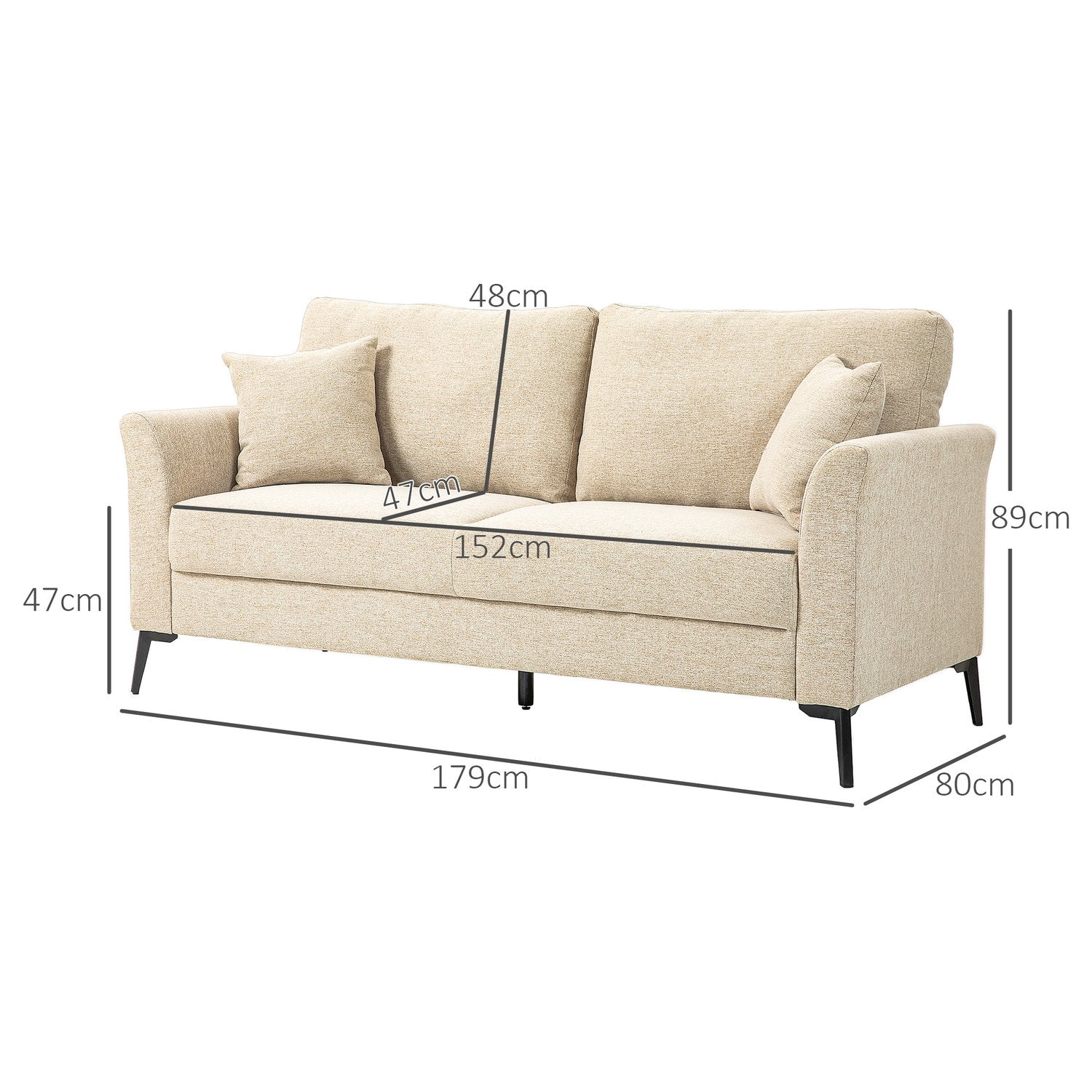 2-sits linnesoffa, metallben, beige klädsel