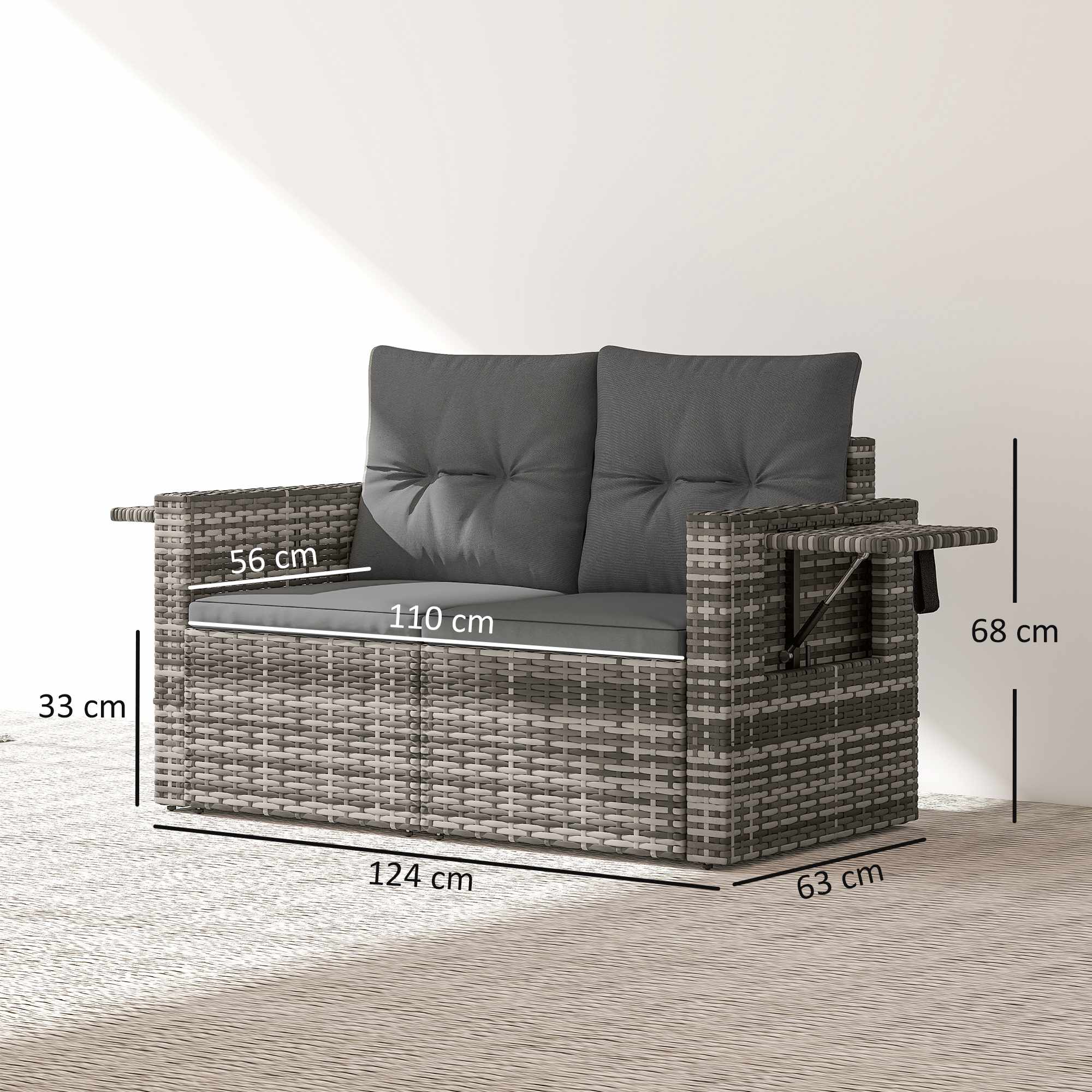 2-sits rottingsoffa med dolda brickor och kuddar