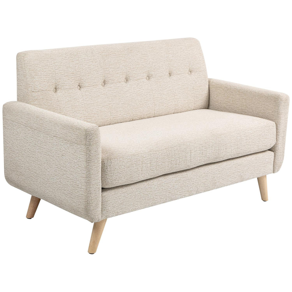 Canapé 2 places en velours, beige – coussins confortables et pieds en bois