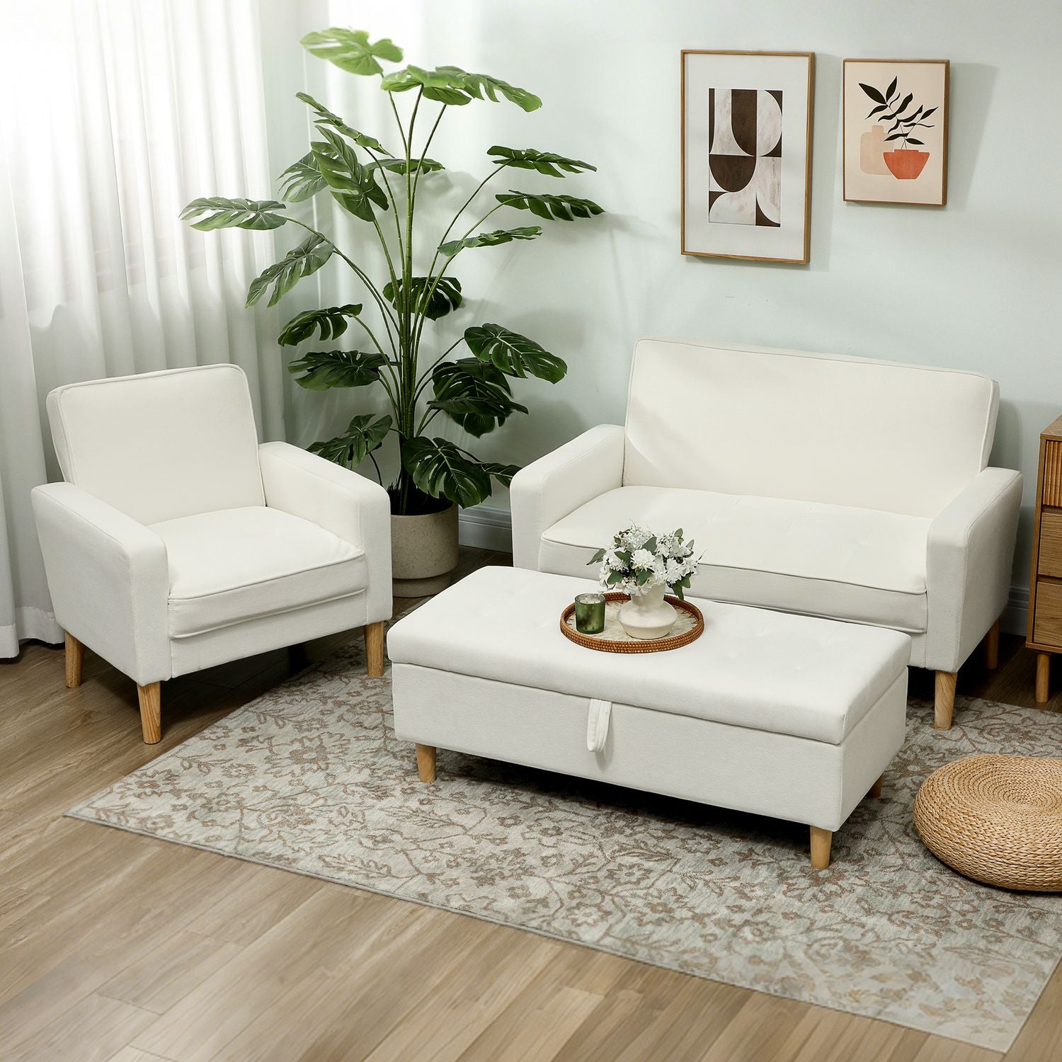 2-sits soffa, gräddvit, ben av gummi, tyg i sammetslook