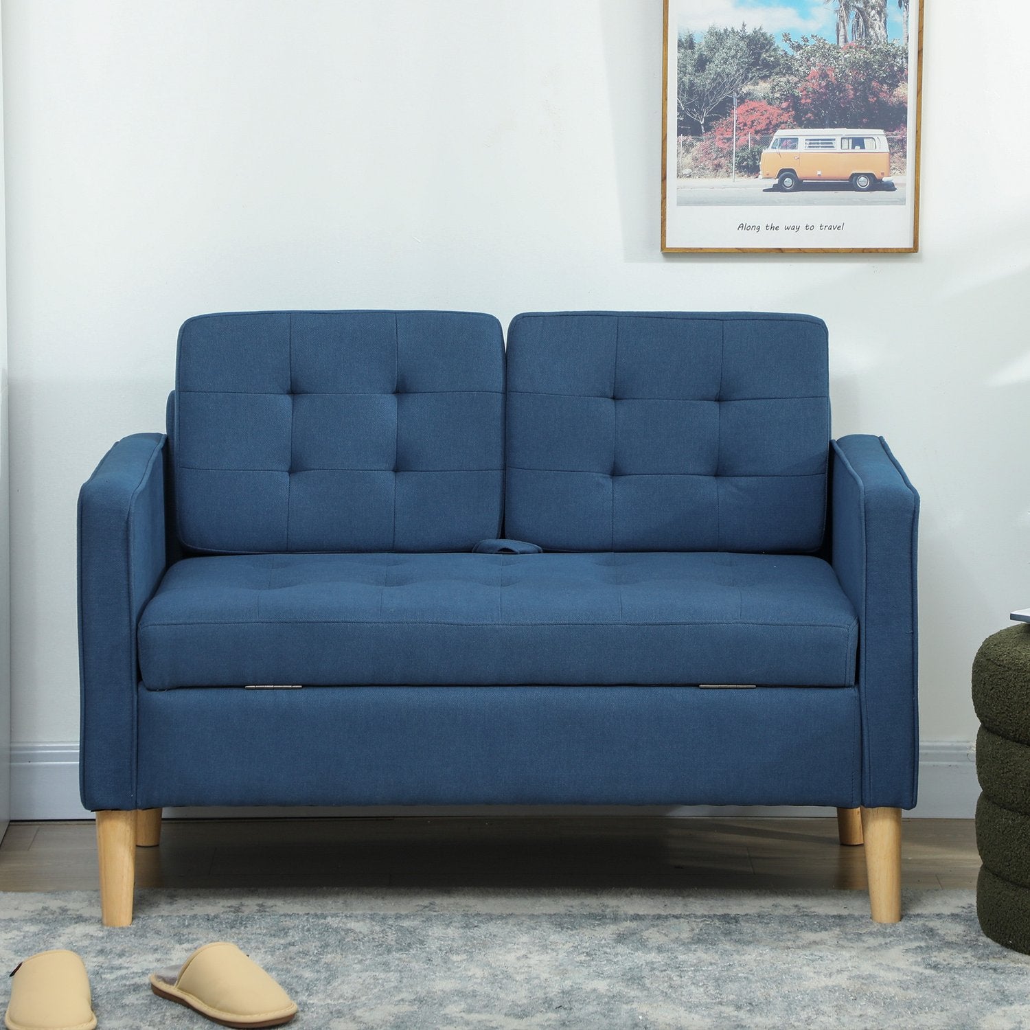 2-sits soffa med förvaring, blå sammet, kompakt design