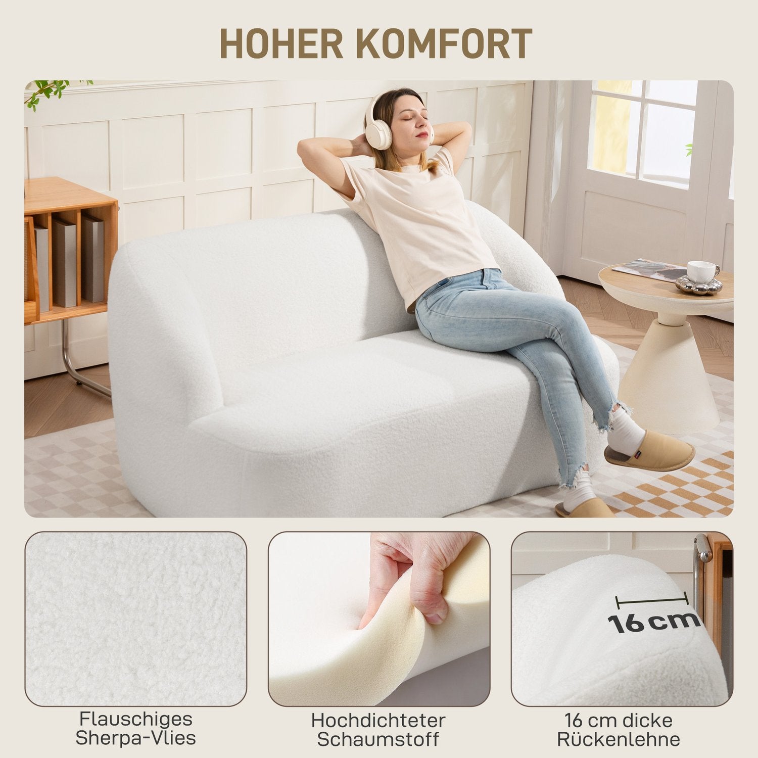 2-sits soffa, svängd design, fleeceklädsel, krämvit