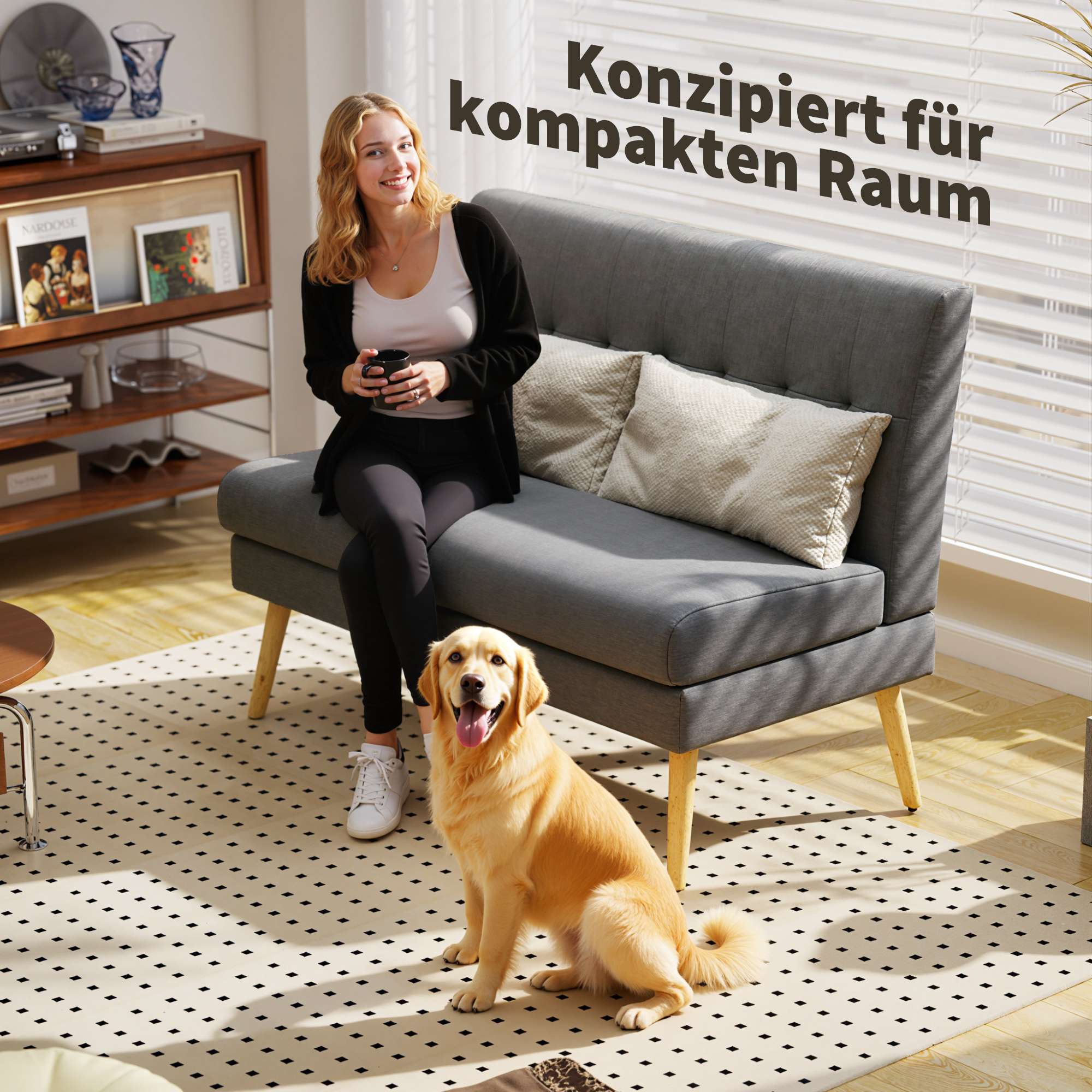 2-sitssoffa, tuftad rygg, träben, linne-look, grå