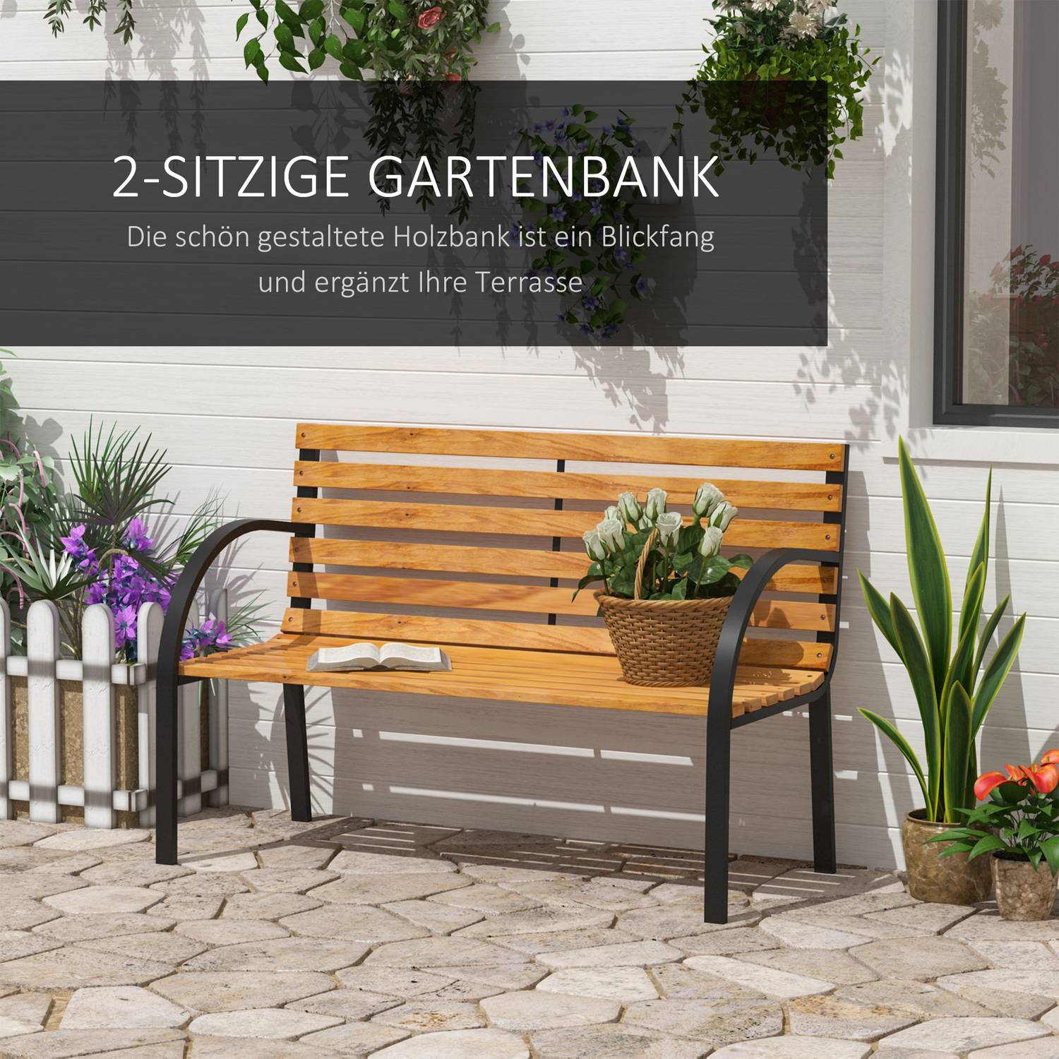 2-sits trädgårdsbänk, stål och furu, 122x60x83 cm