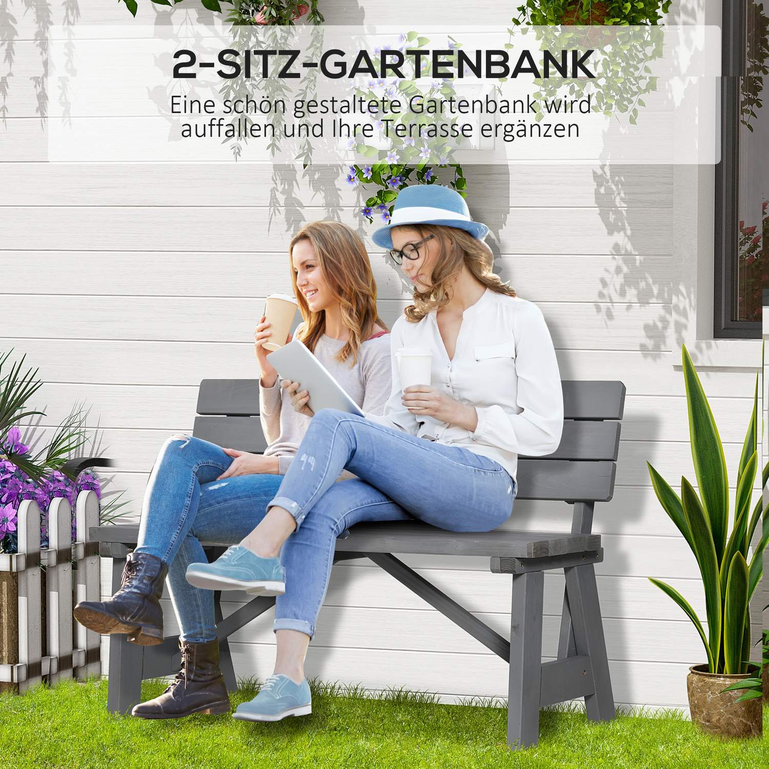 2-sits väderbeständig trädgårdsbänk i trä med ryggstöd