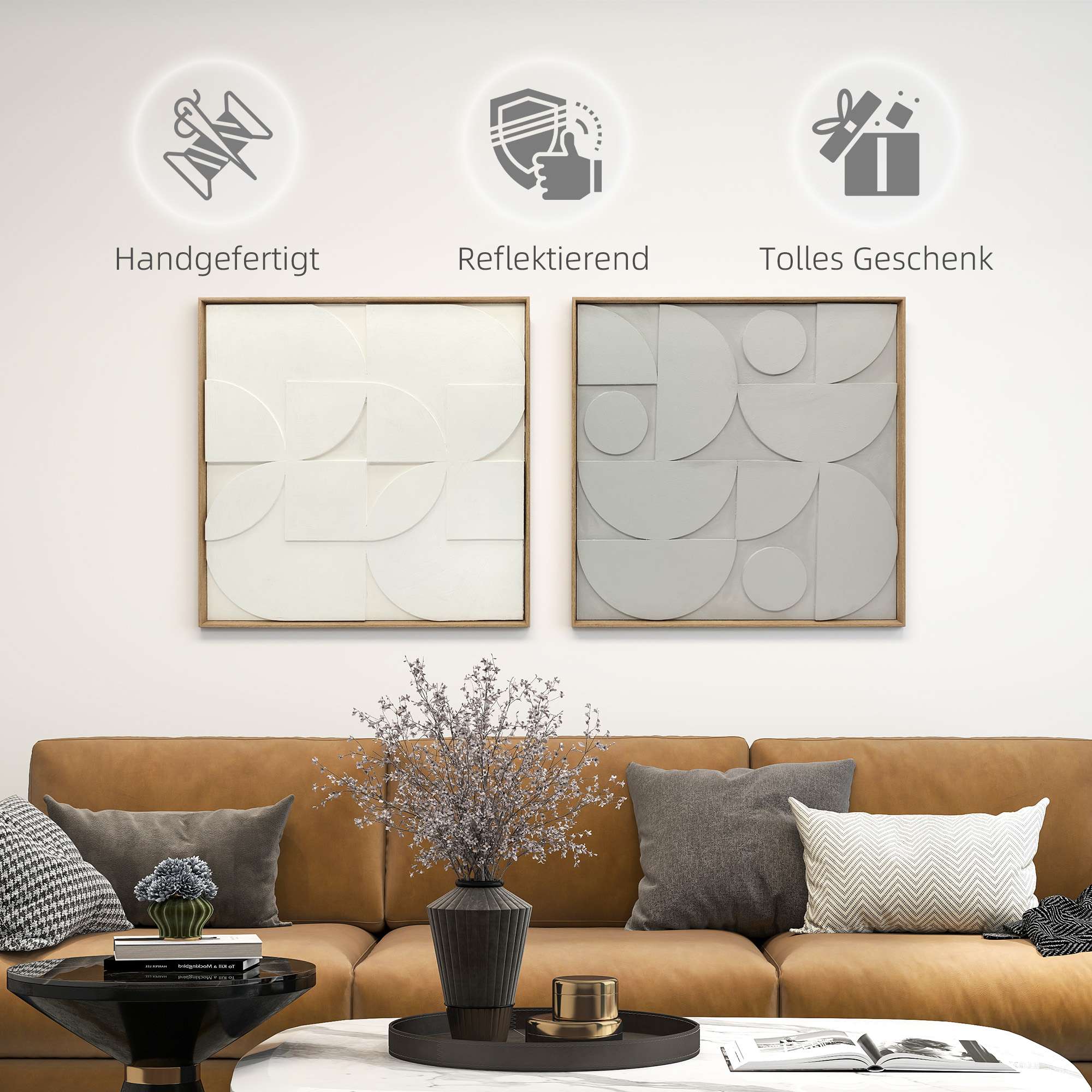 3D Geometrisk Väggkonst Set, 2 Delar, 80x80 cm, Vit