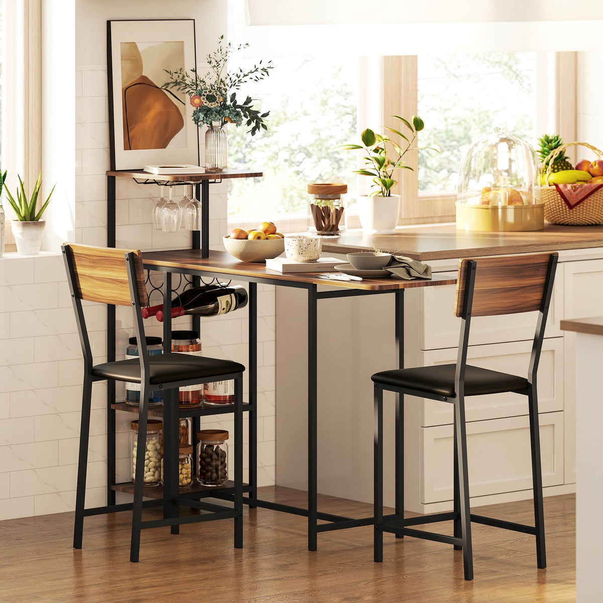 Ensemble table de bar 3 pièces avec porte-bouteilles et porte-verres