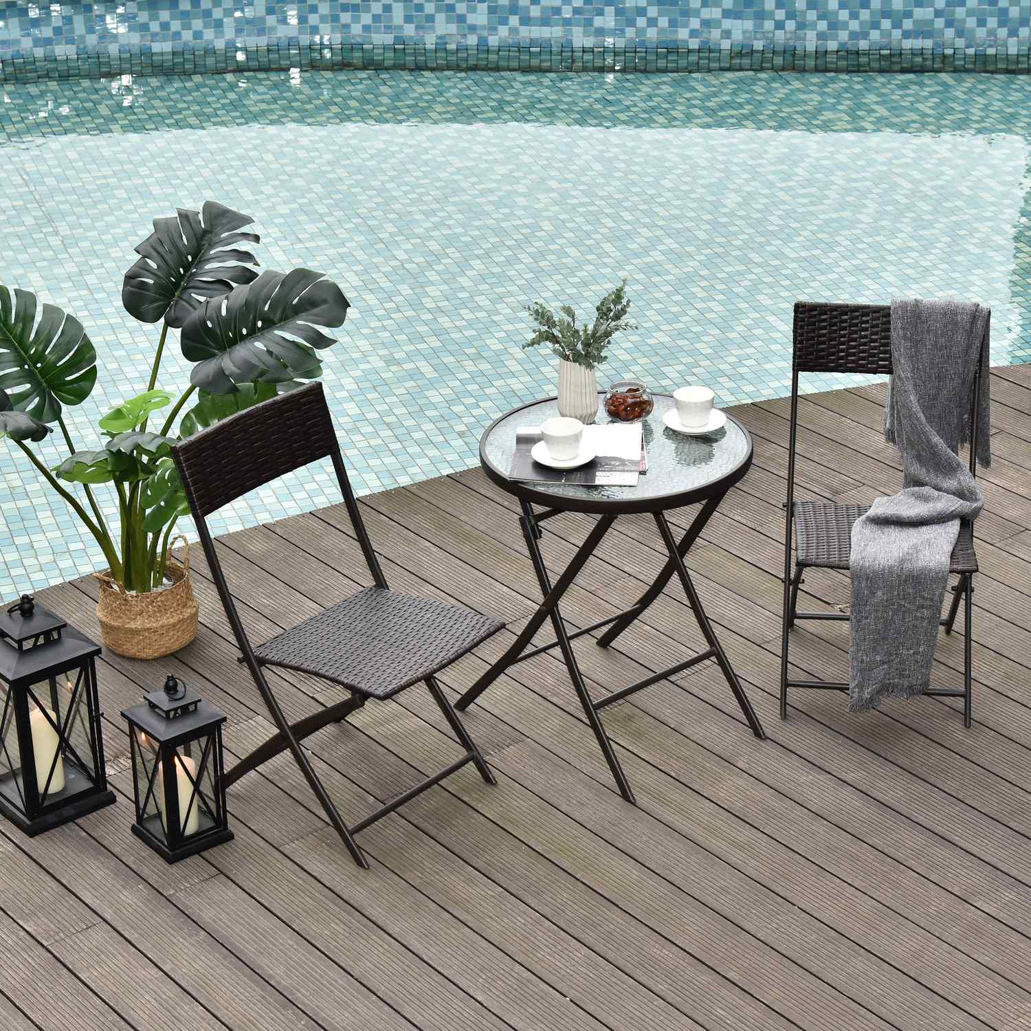 3-delad polyrattan fällbar bistroset för balkong – Brun