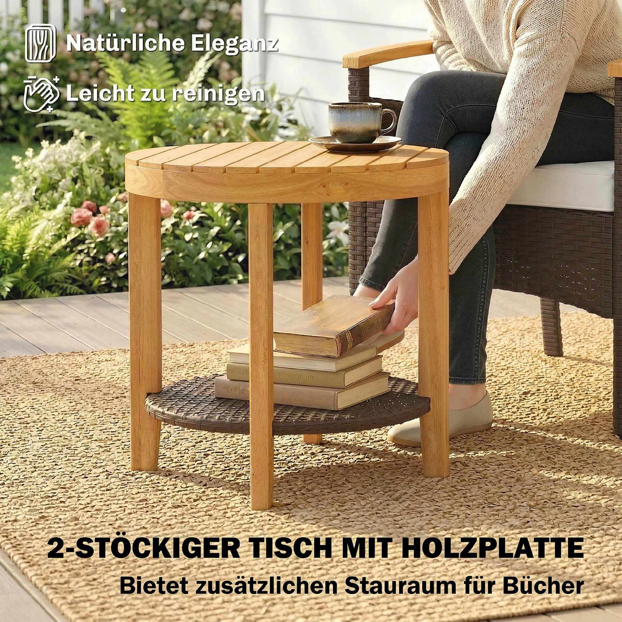 3-delat bistroset i rotting med kuddar och träbord