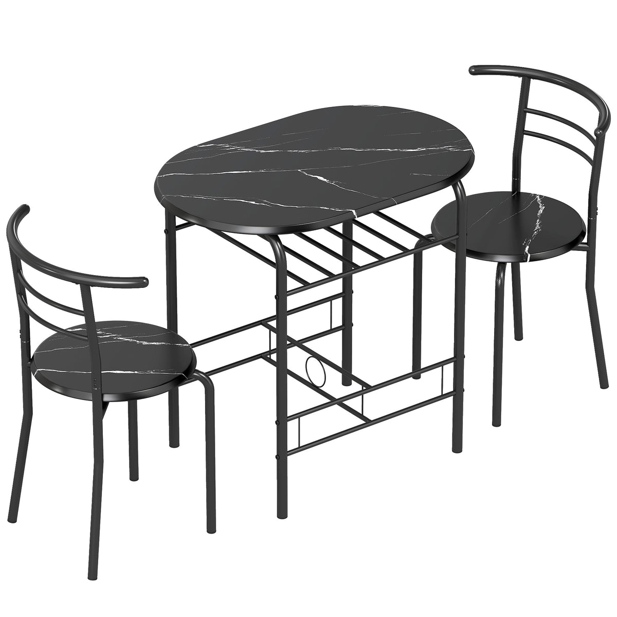 3-delat matbordsset för 2, svart marmorlook, hyllplan