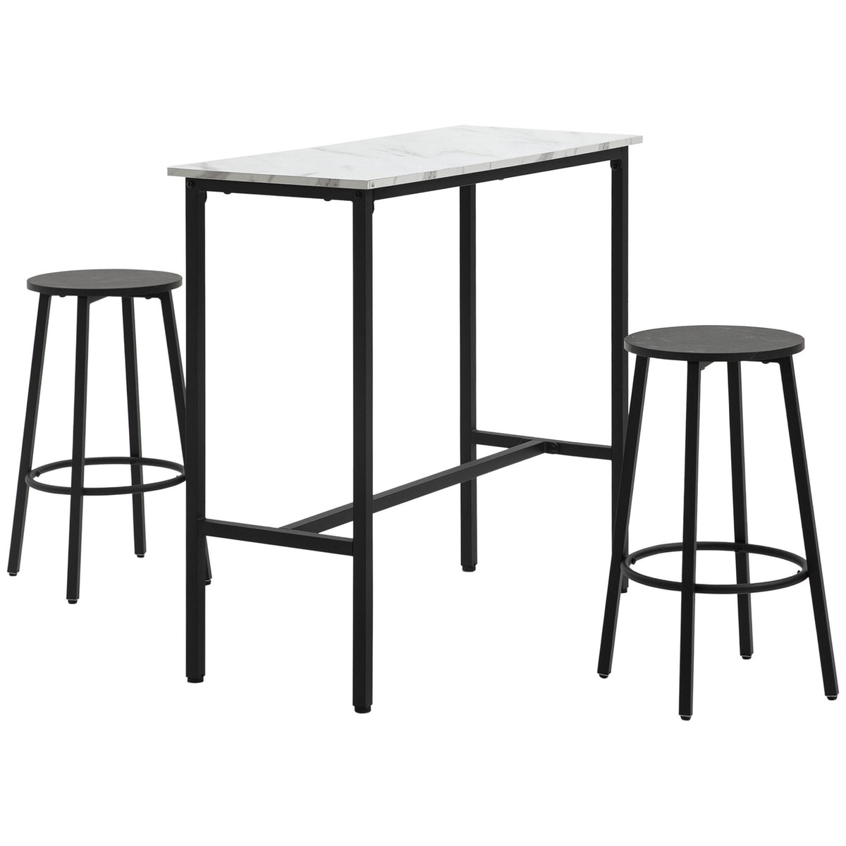 3-teiliges Esstisch-Set aus Stahl mit weissen und schwarzen Hockern