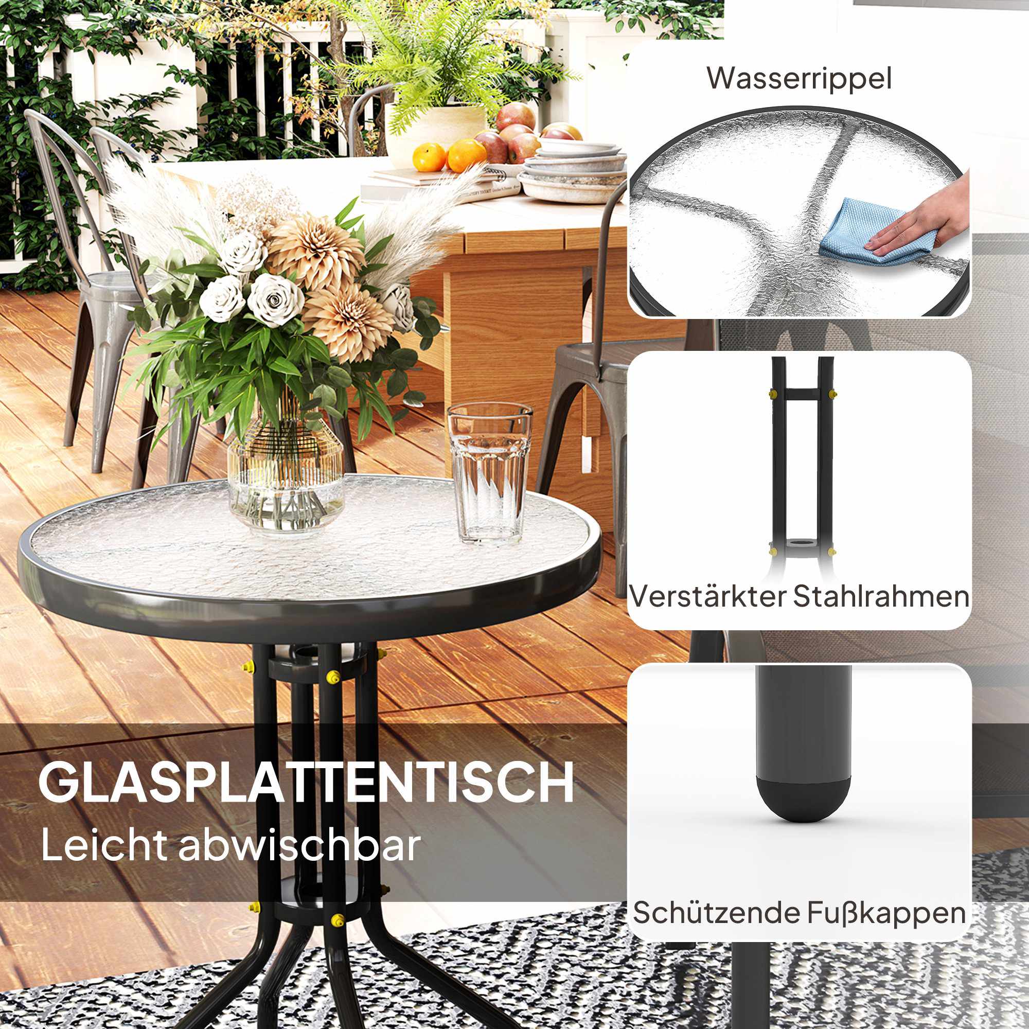 3-delat väderbeständigt uteplatsset med glasbord, svart