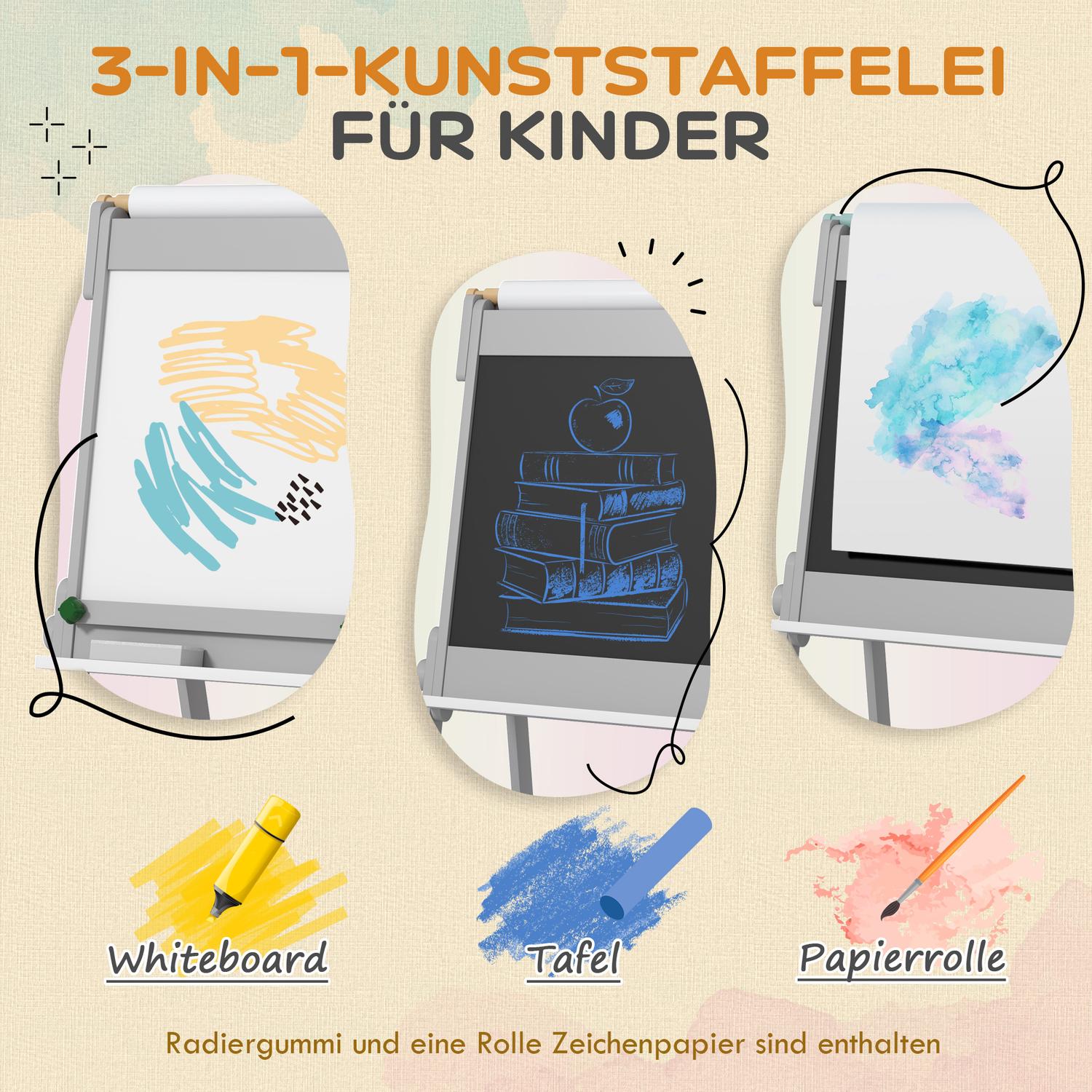 3-i-1 barn staffli: svarta tavla, whiteboard, förvaring – grå