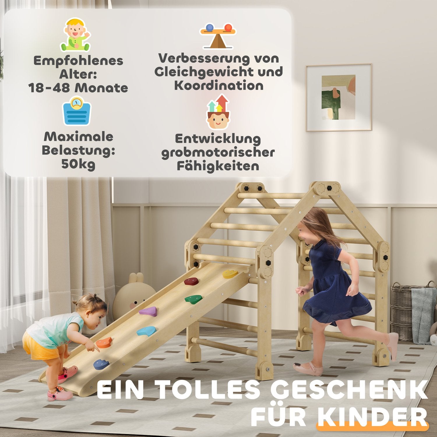 3-i-1 klätterställning för inomhusbruk med rutschkana och stege
