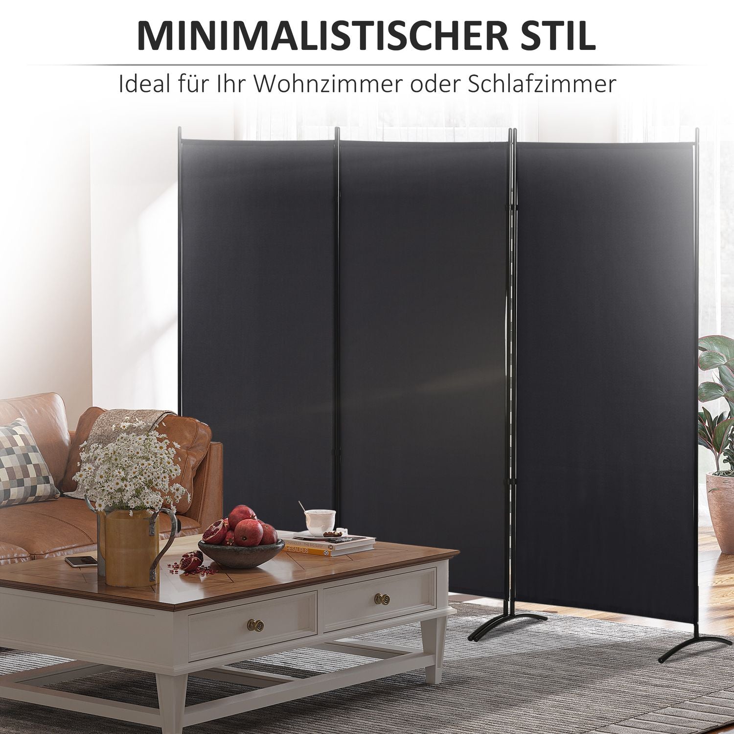 3-panels rumsavdelare, svart metallram, sekretessskärm