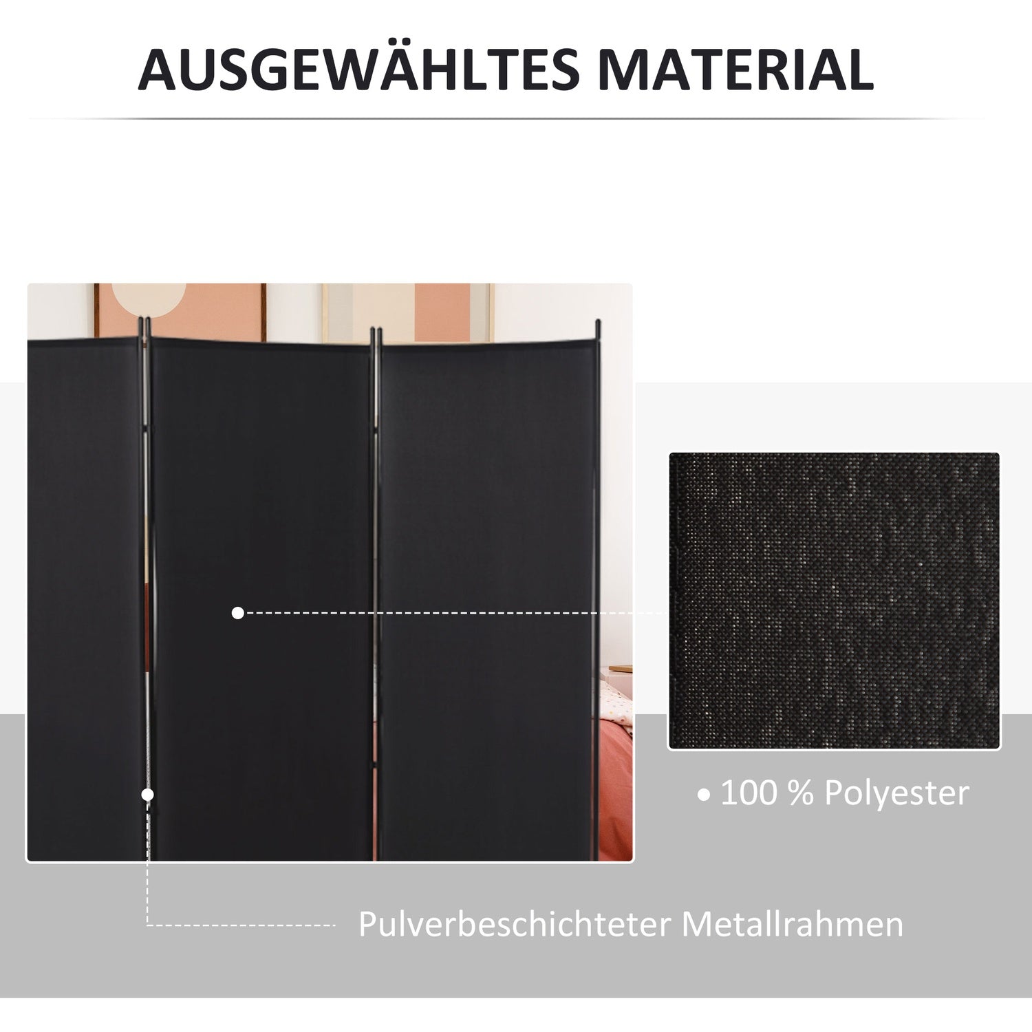 3-panels rumsavdelare, svart metallram, sekretessskärm