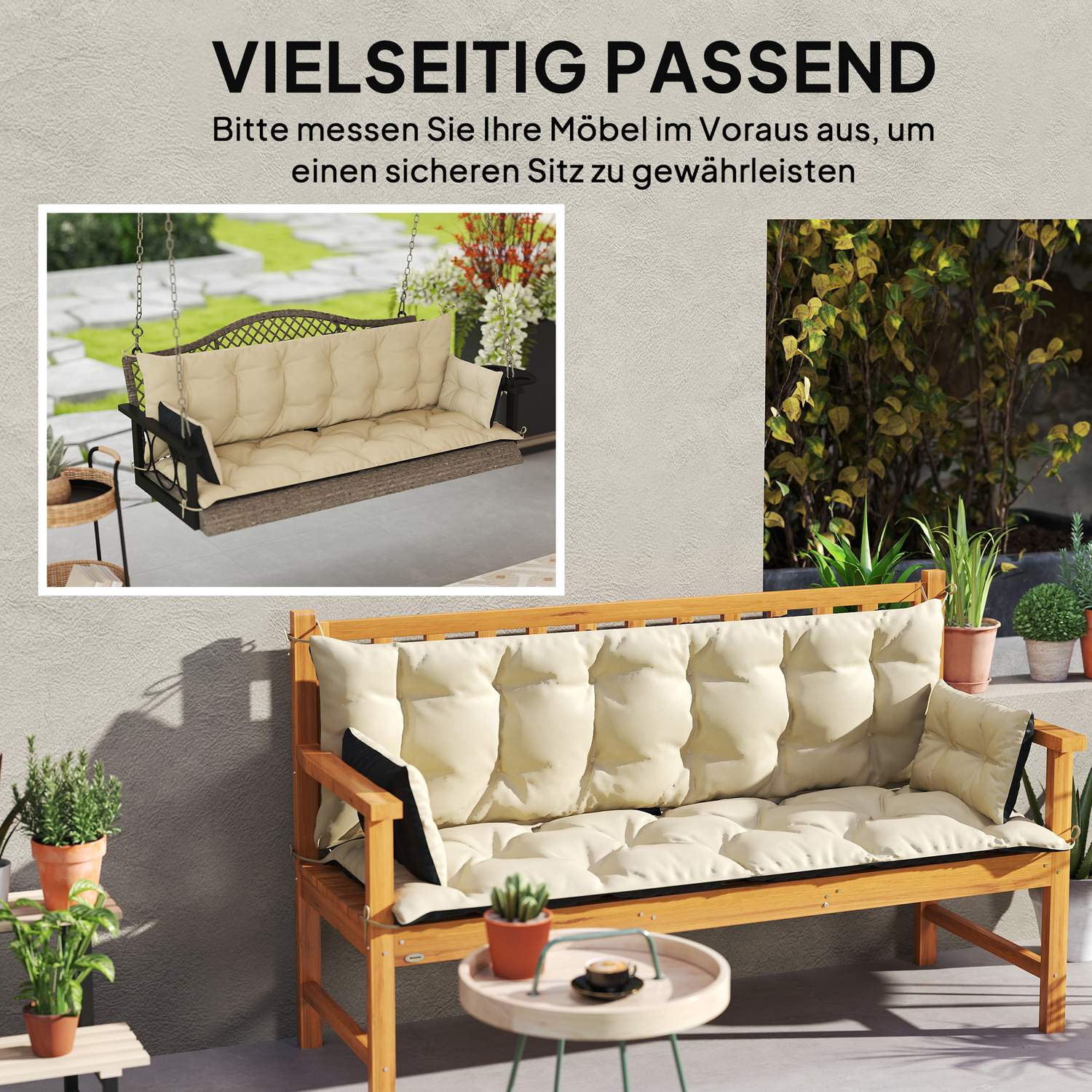 3-sits bänkkudde, 180x110x8 cm, beige/svart