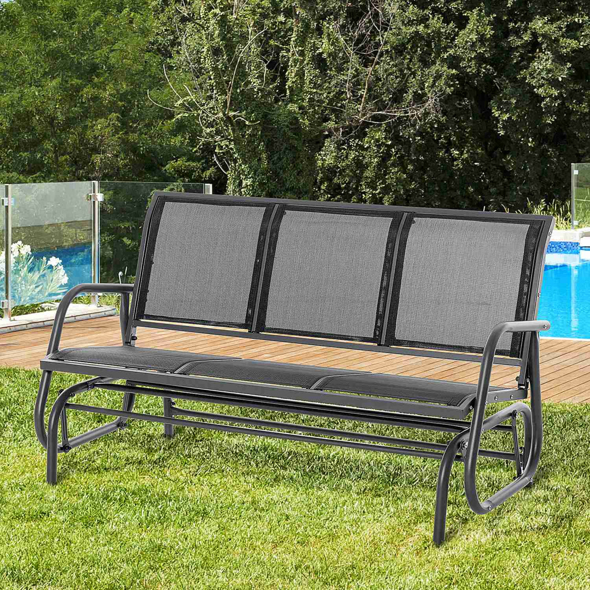 Dondolo da giardino in metallo a 3 posti, resistente alle intemperie, nero
