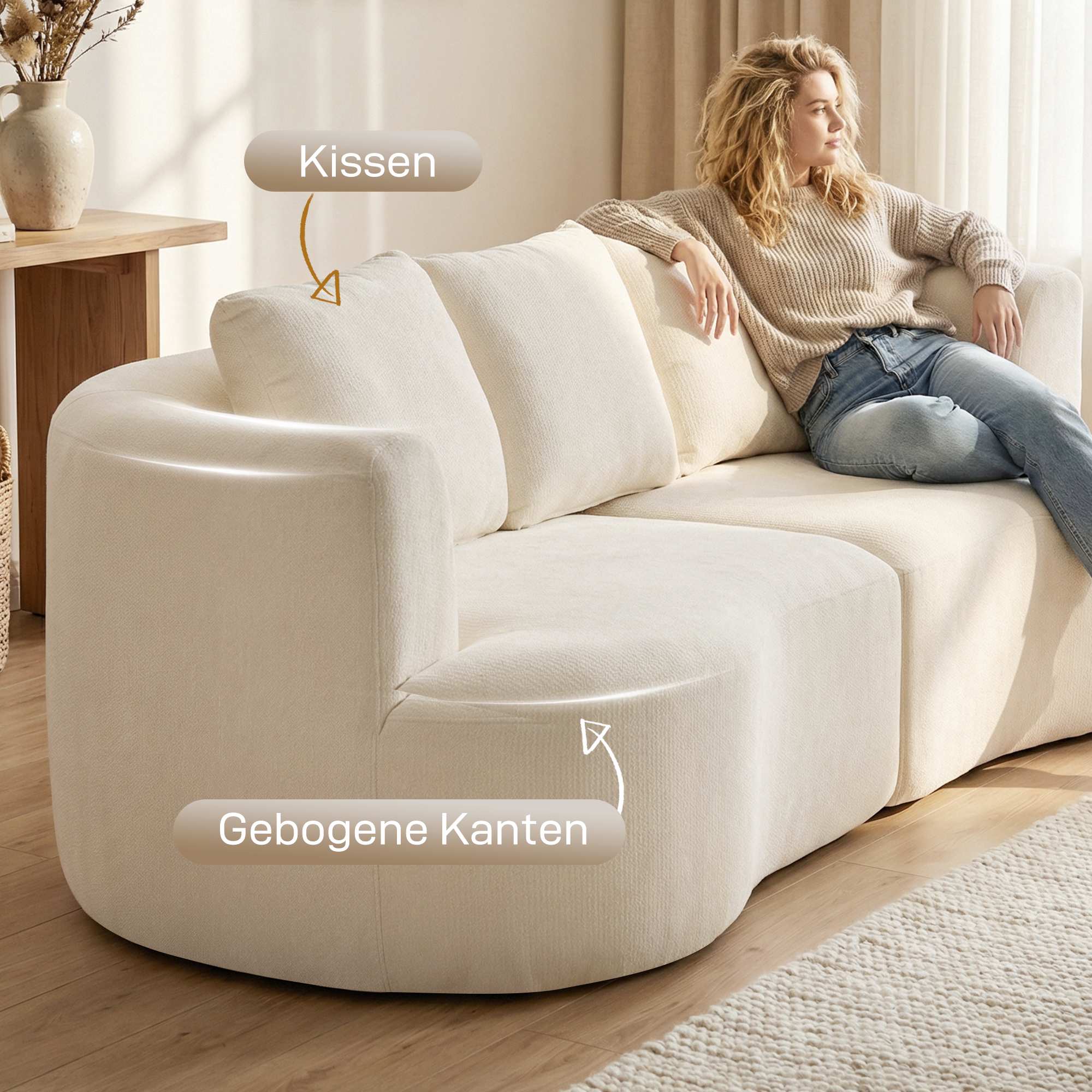 3-sitssoffa, 203 cm, Chenilletyg, Krämvit