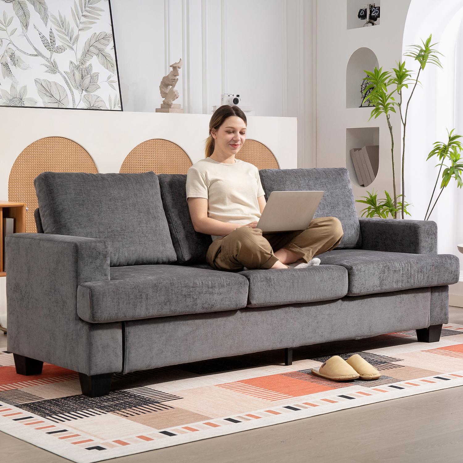 3-sits soffa, klädsel i grå tyg, Stålstomme