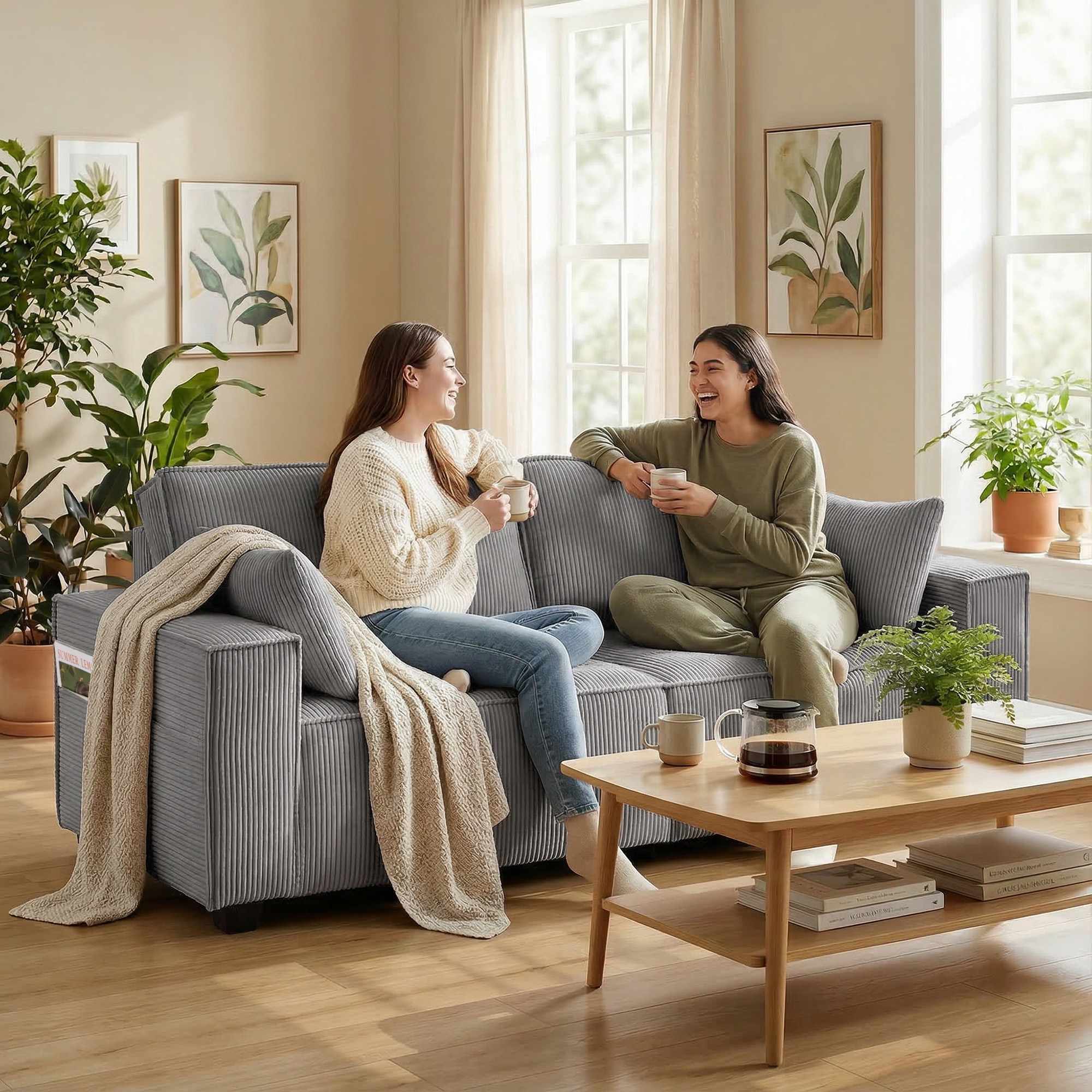 3-sitssoffa, ljusgrå manchester, pocketfjädrar