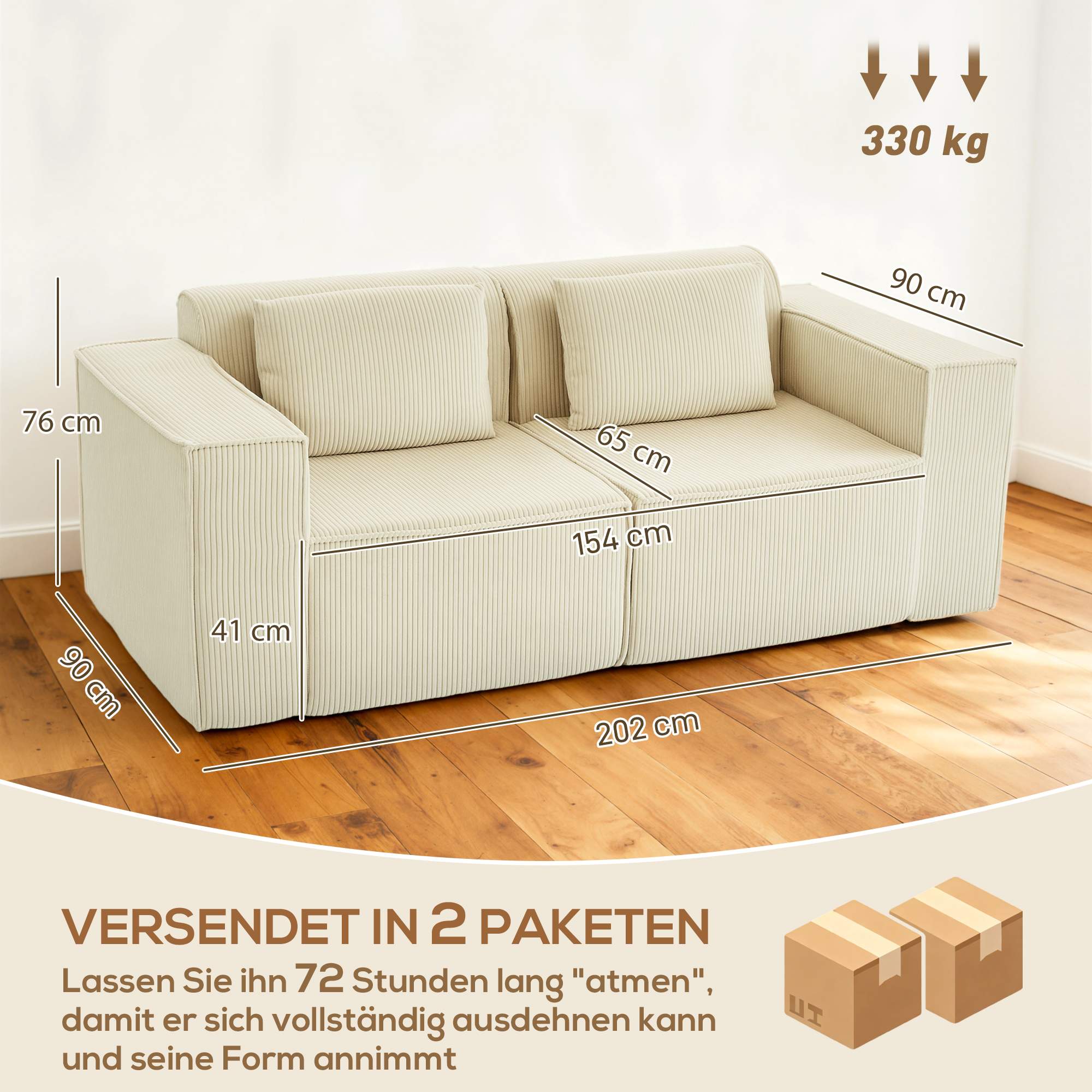 3-sitssoffa, manteltyg, breda armstöd, 2 kuddar, beige
