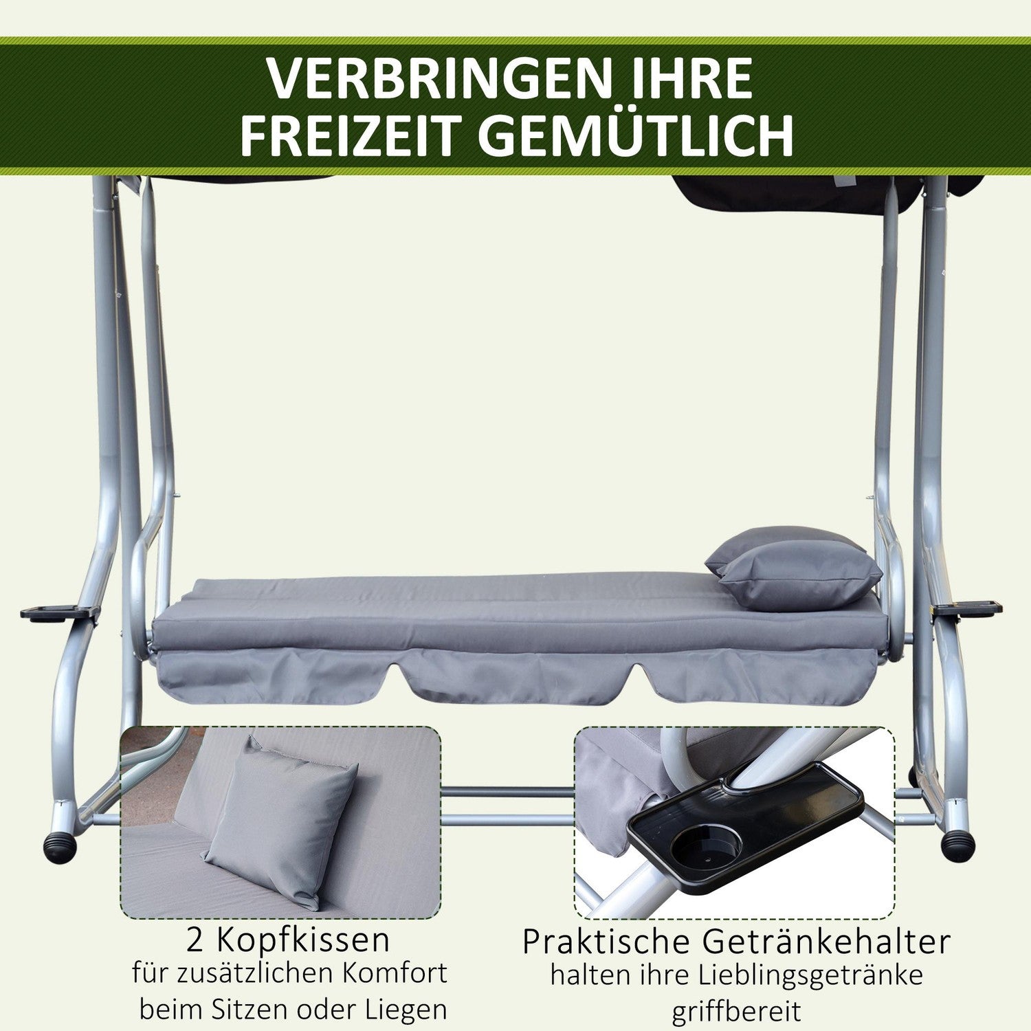 3-sits stål trädgårdsgunga, liggande, grå, 200x120x164 cm