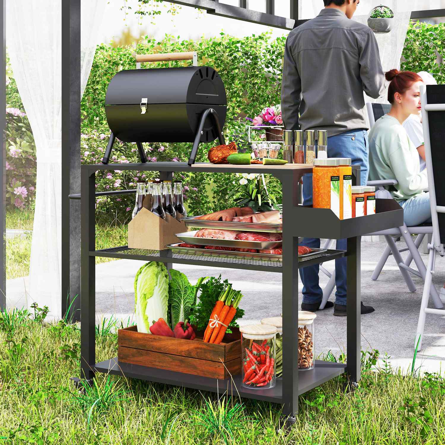 3-vånings grillvagn i rostfritt stål med hjul, 105x50x79cm