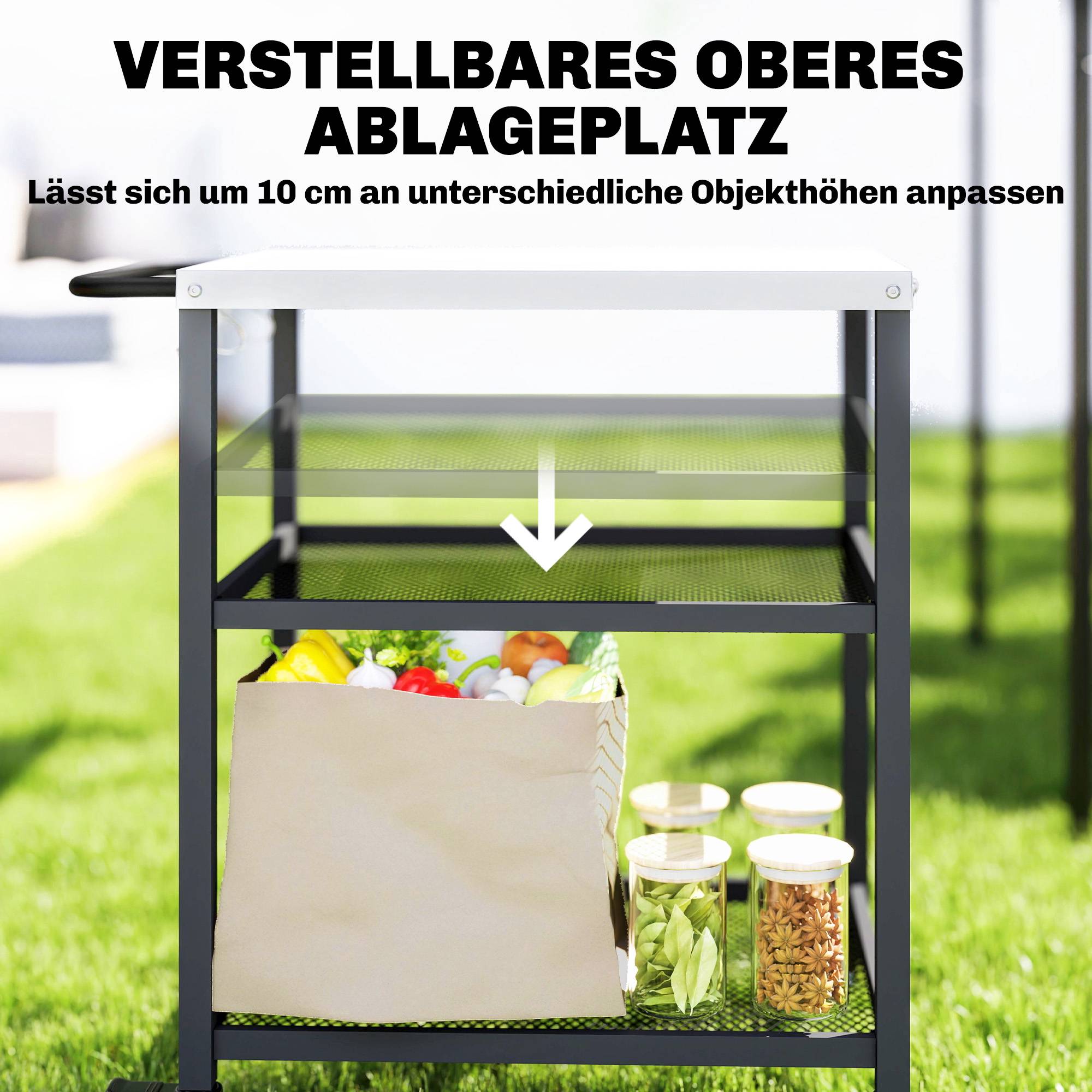 3-vånings grillvagn med justerbara hyllor och hjul