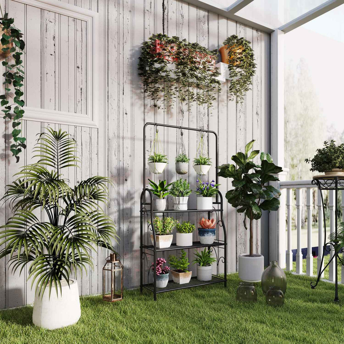 Support à plantes 3 étages en métal noir avec crochets, 137 cm de haut