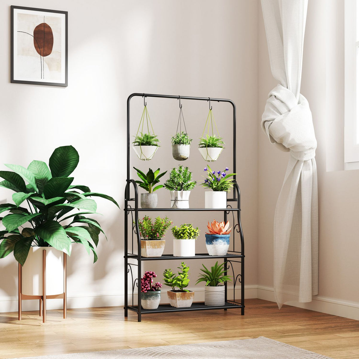 Support à plantes 3 étages en métal noir avec crochets, 137 cm de haut