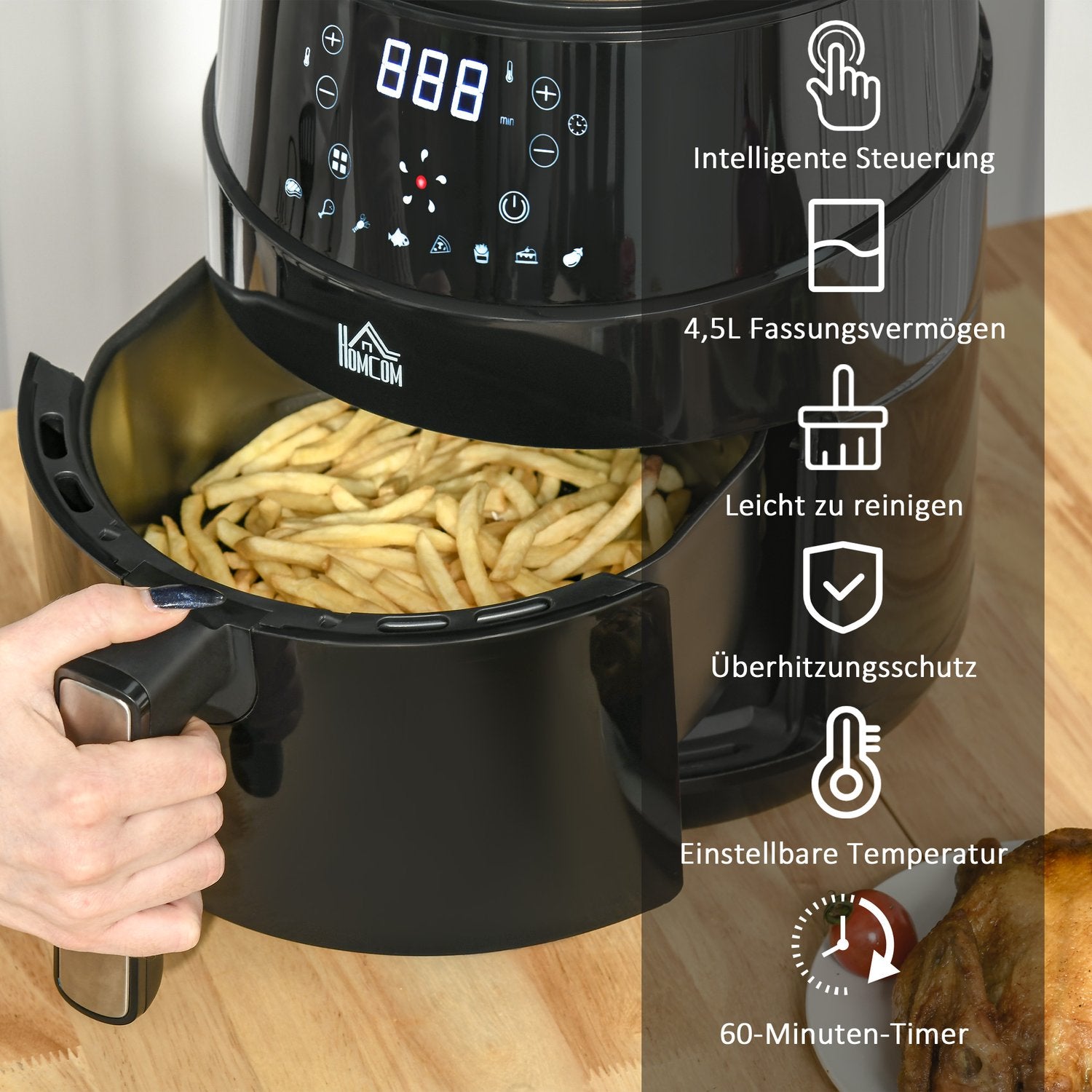 4,5L varmluftsfritös, 1500W, 8 förinställningar, non-stick korg